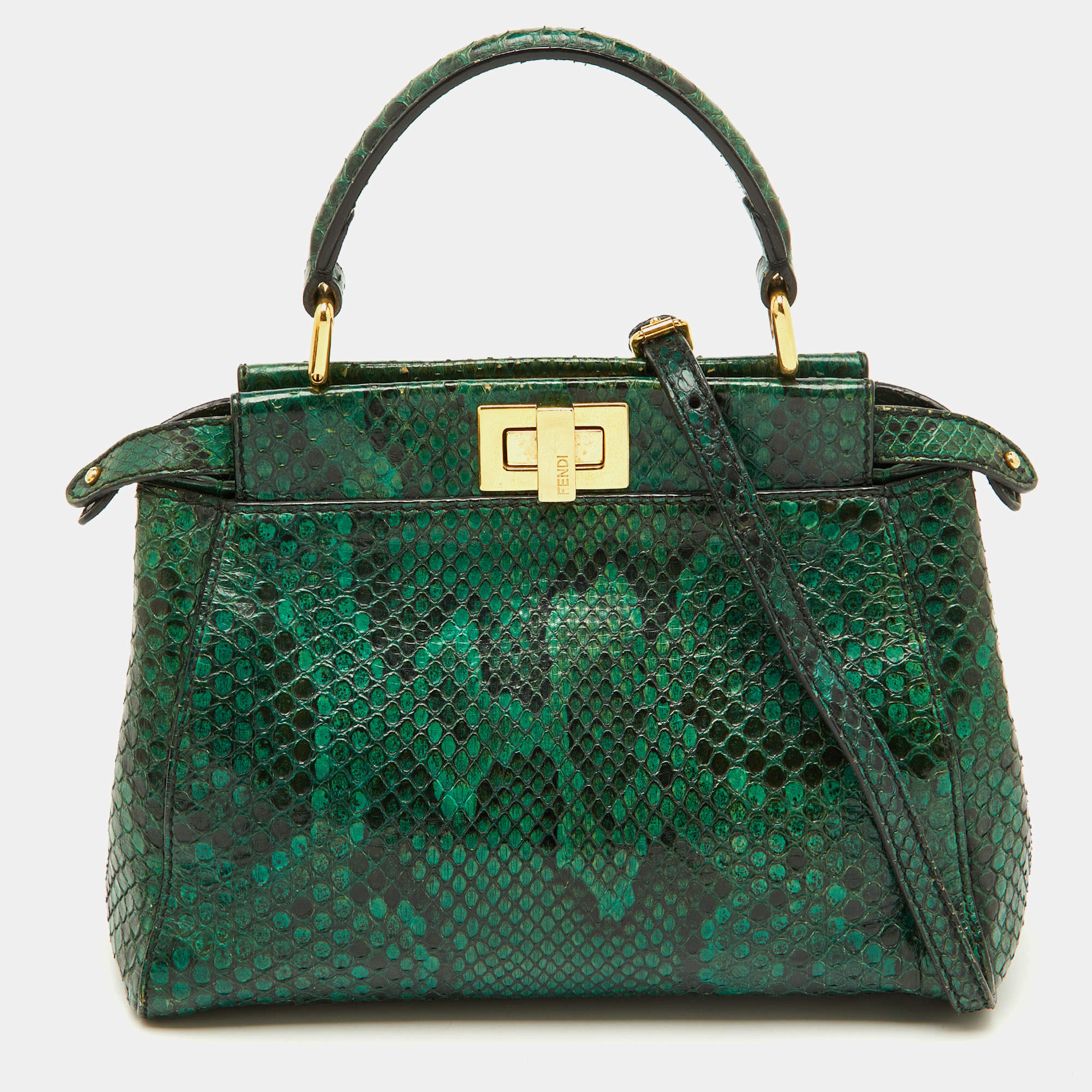 Pre Owned Fendi Green/Black Python Mini Peekaboo Top Handle Bag