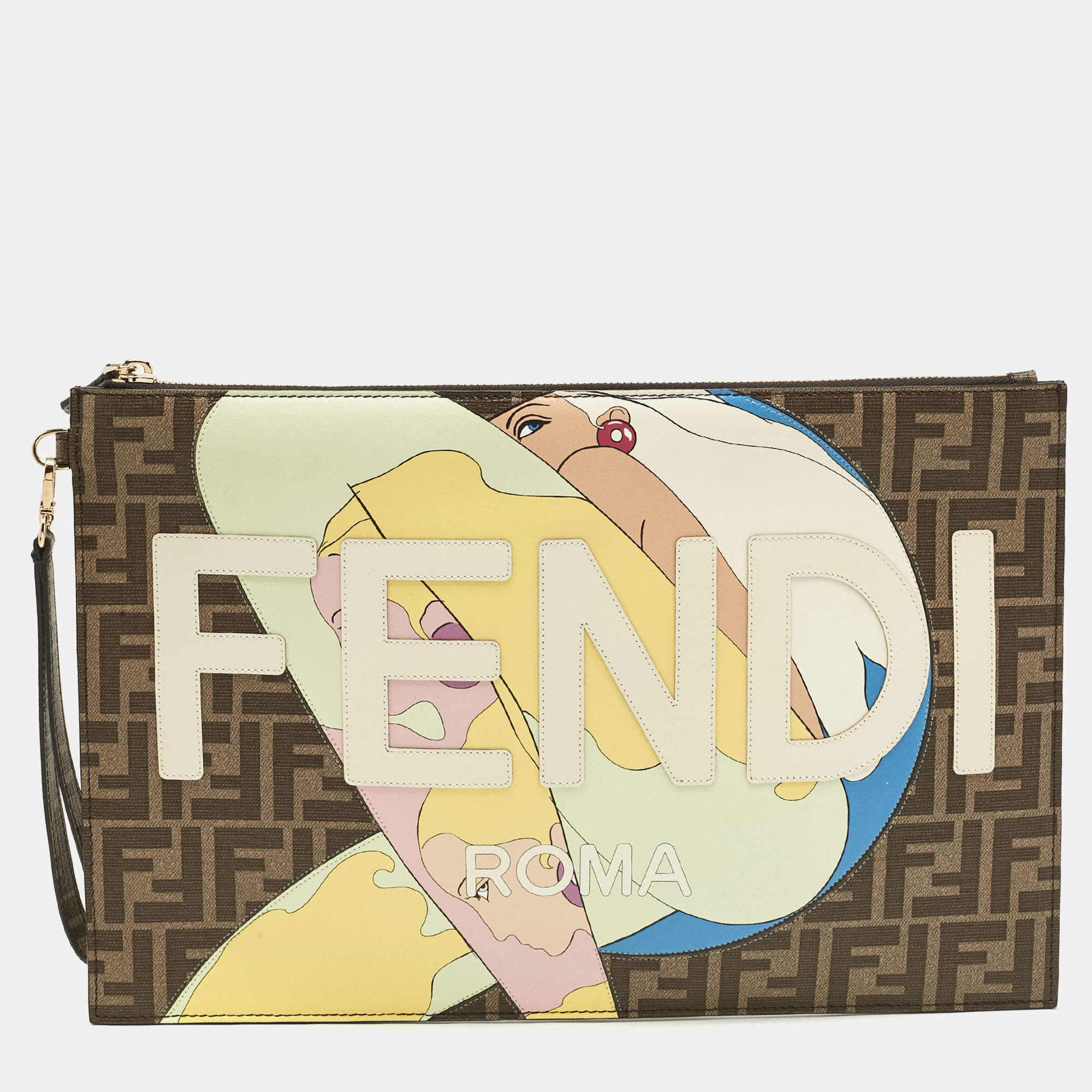 Pre Owned Fendi Tobacco Zucca Coated Canvas Inlay Girls Wristlet Flat Clutch