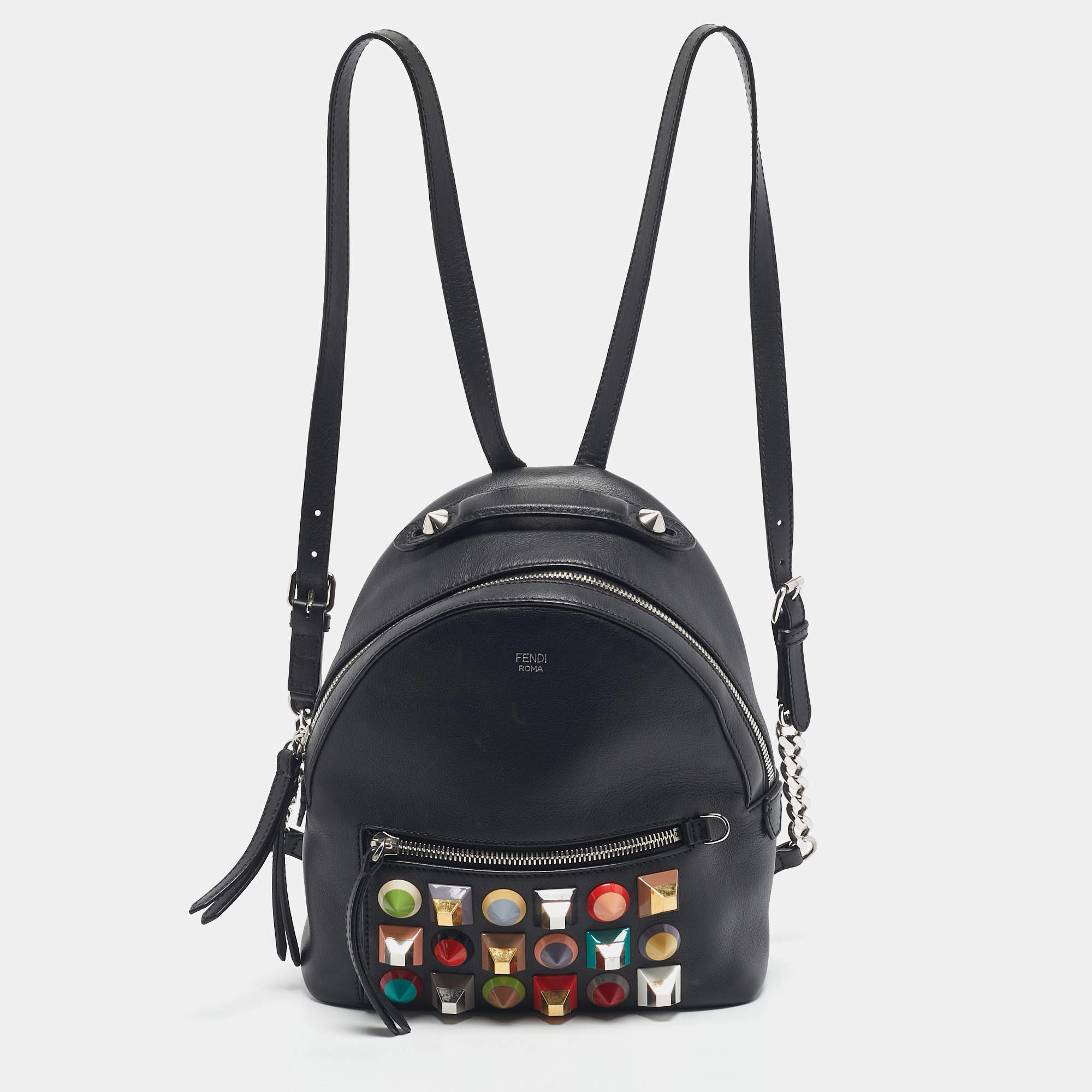 Pre Owned Fendi Black Leather Mini Studded By The Way Backpack