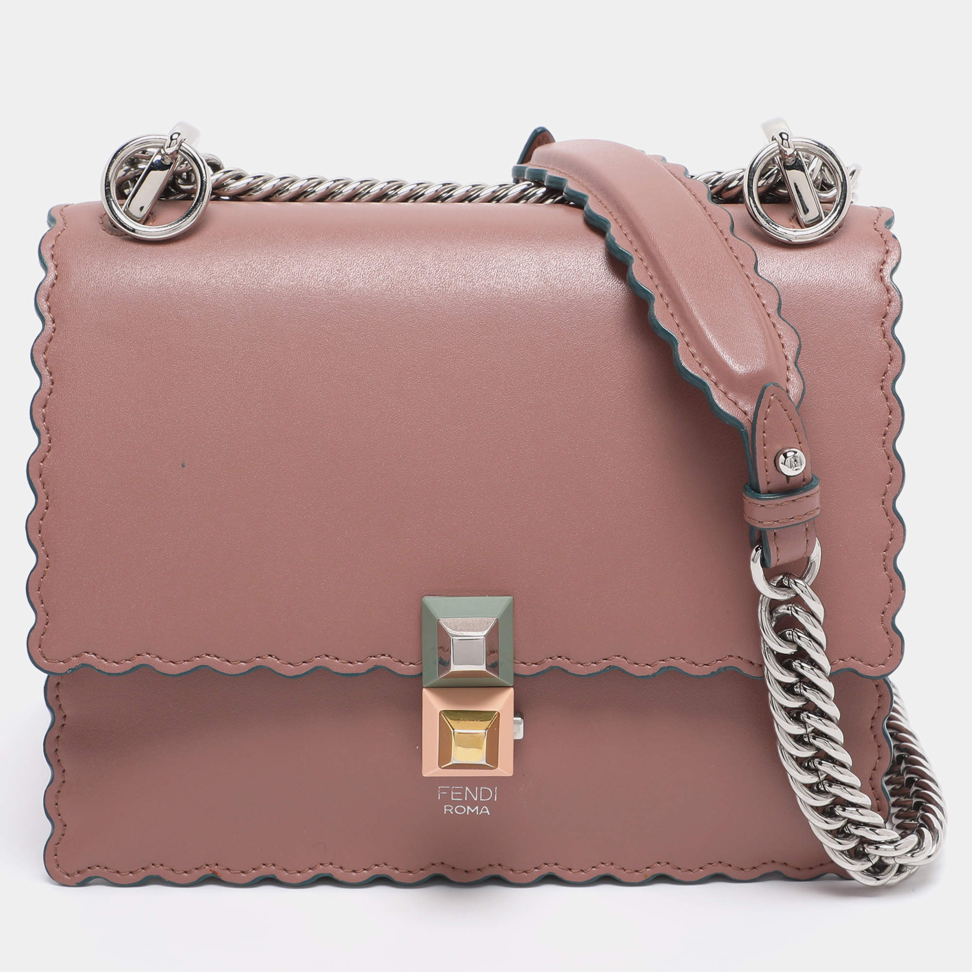 Pre Owned Fendi Old Rose Leather Mini Scalloped Studded Kan I Shoulder Bag