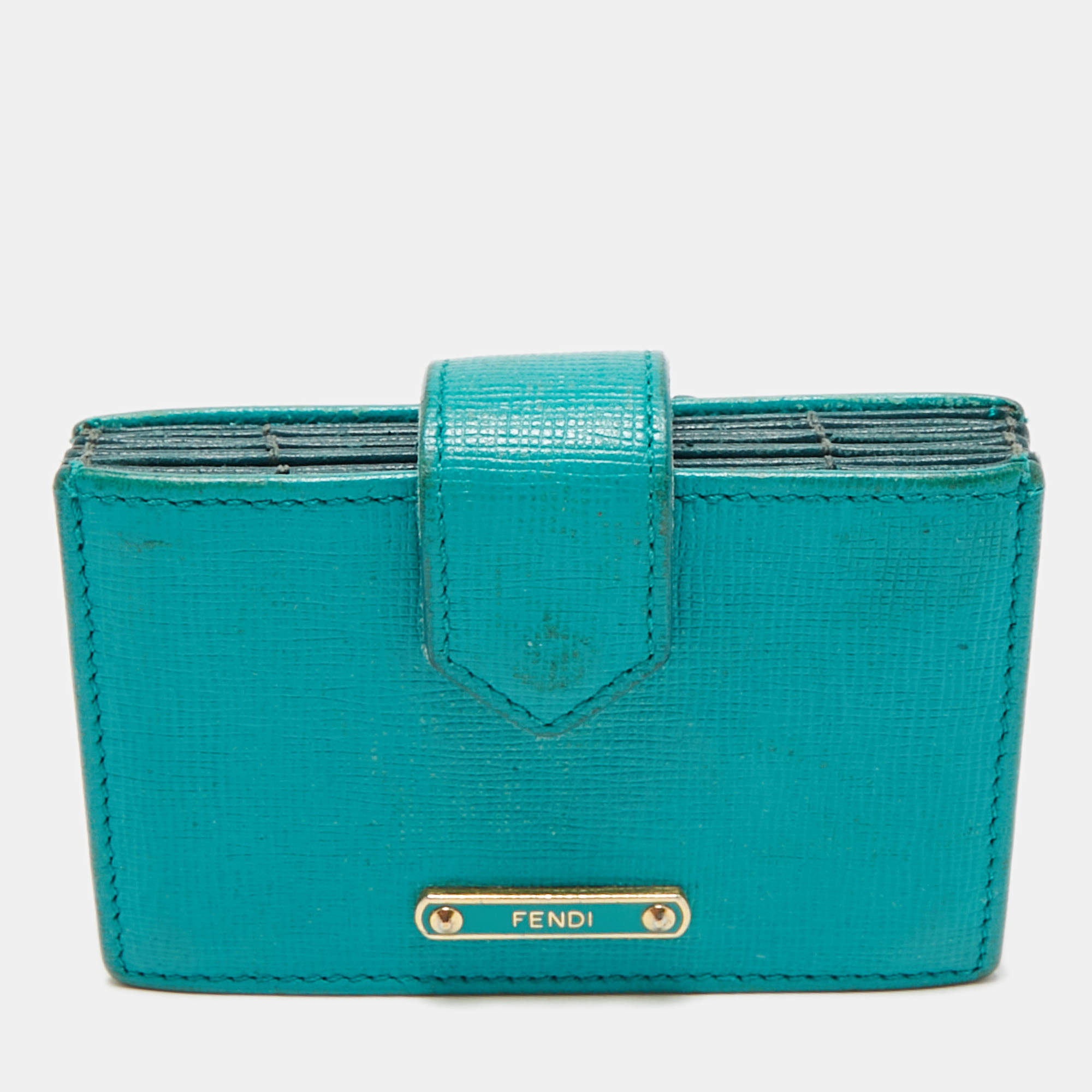 Pre Owned Fendi Teal Blue Saffiano Leather Gusset Card Holder