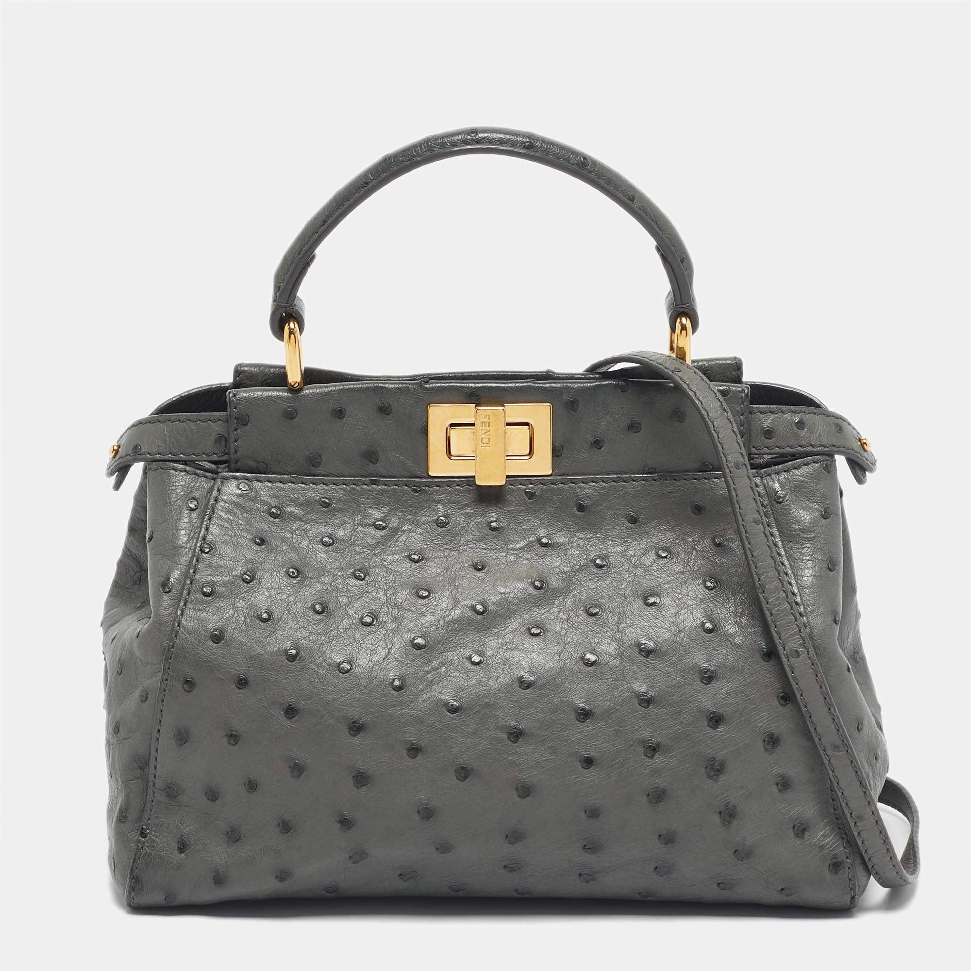 Pre Owned Fendi Grey Ostrich Leather Mini Peekaboo Top Handle Bag