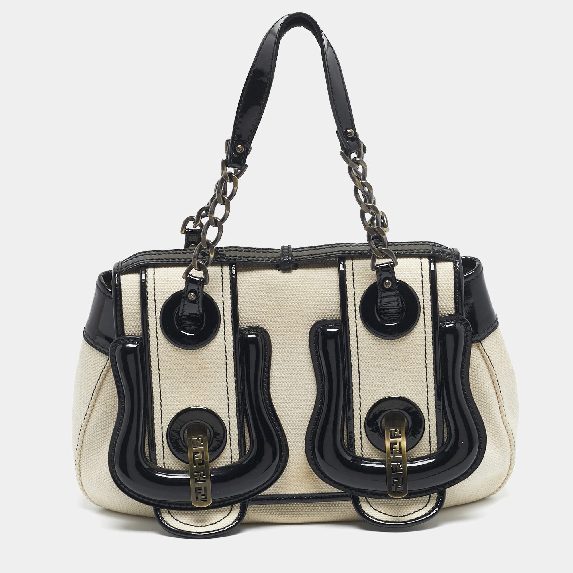 Pre Owned Fendi Black/Off White Patent Leather and Canvas B Shoulder Bag