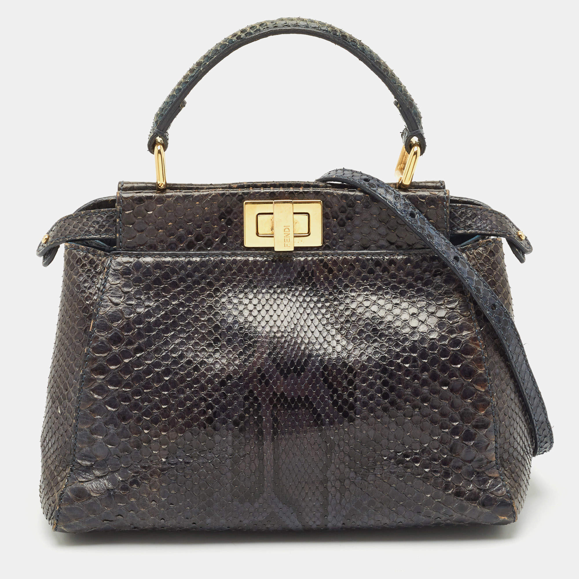 Pre Owned Fendi Teal Python Mini Peekaboo Top Handle Bag