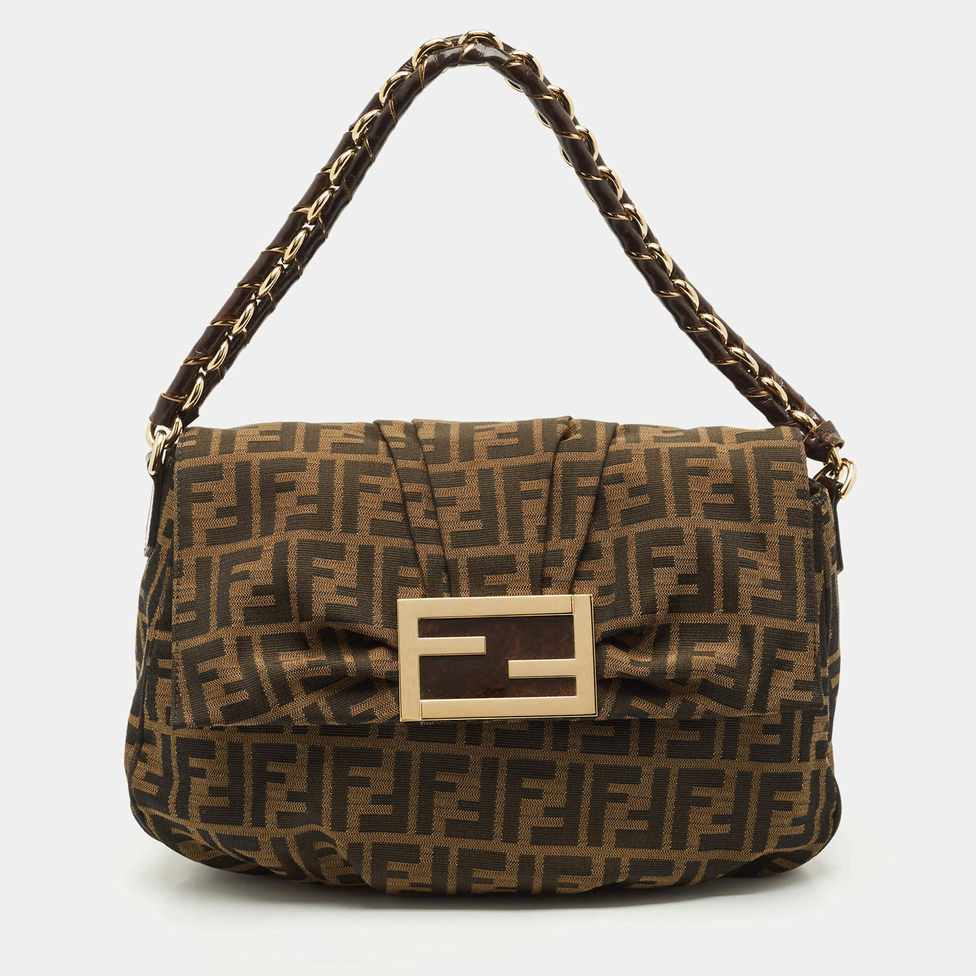 Pre Owned Fendi Tobacco Zucca Canvas and Patent Leather Mia Flap Shoulder Bag