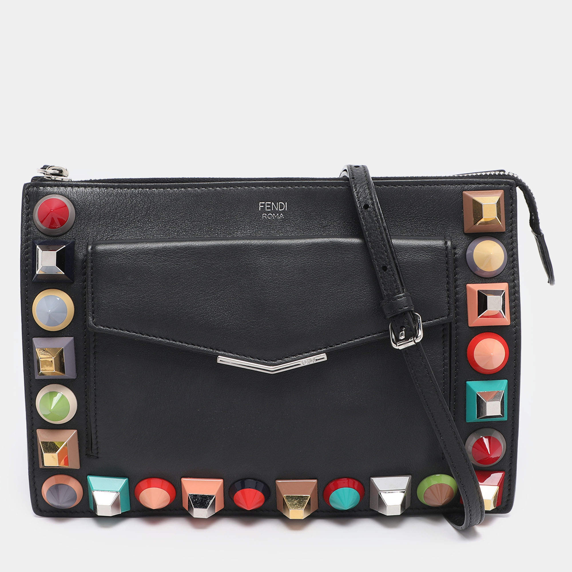 Pre Owned Fendi Black Leather Rainbow Stud Crossbody Bag