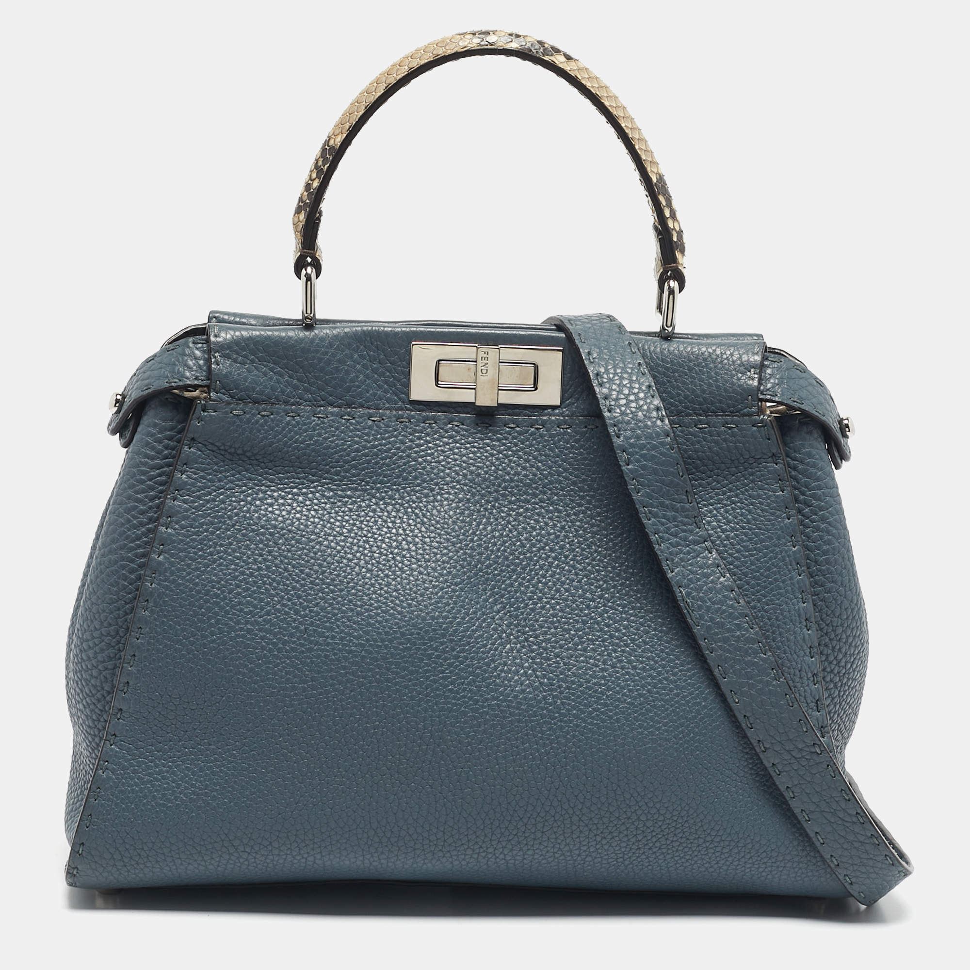 Pre Owned Fendi Blue/Beige Leather and Python Medium Peekaboo Top Handle Bag