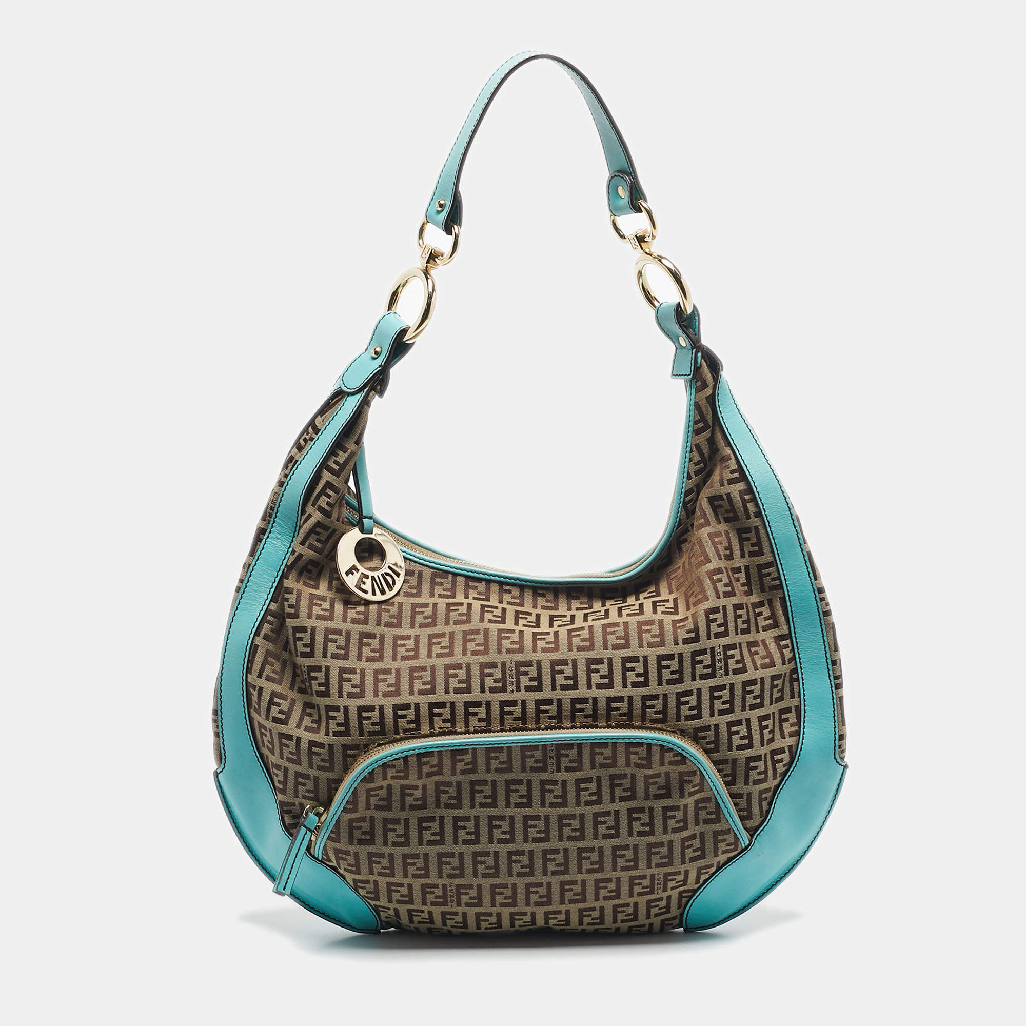 Pre Owned Fendi Blue/Beige Zucchino Canvas and Leather Pocket Chef Hobo