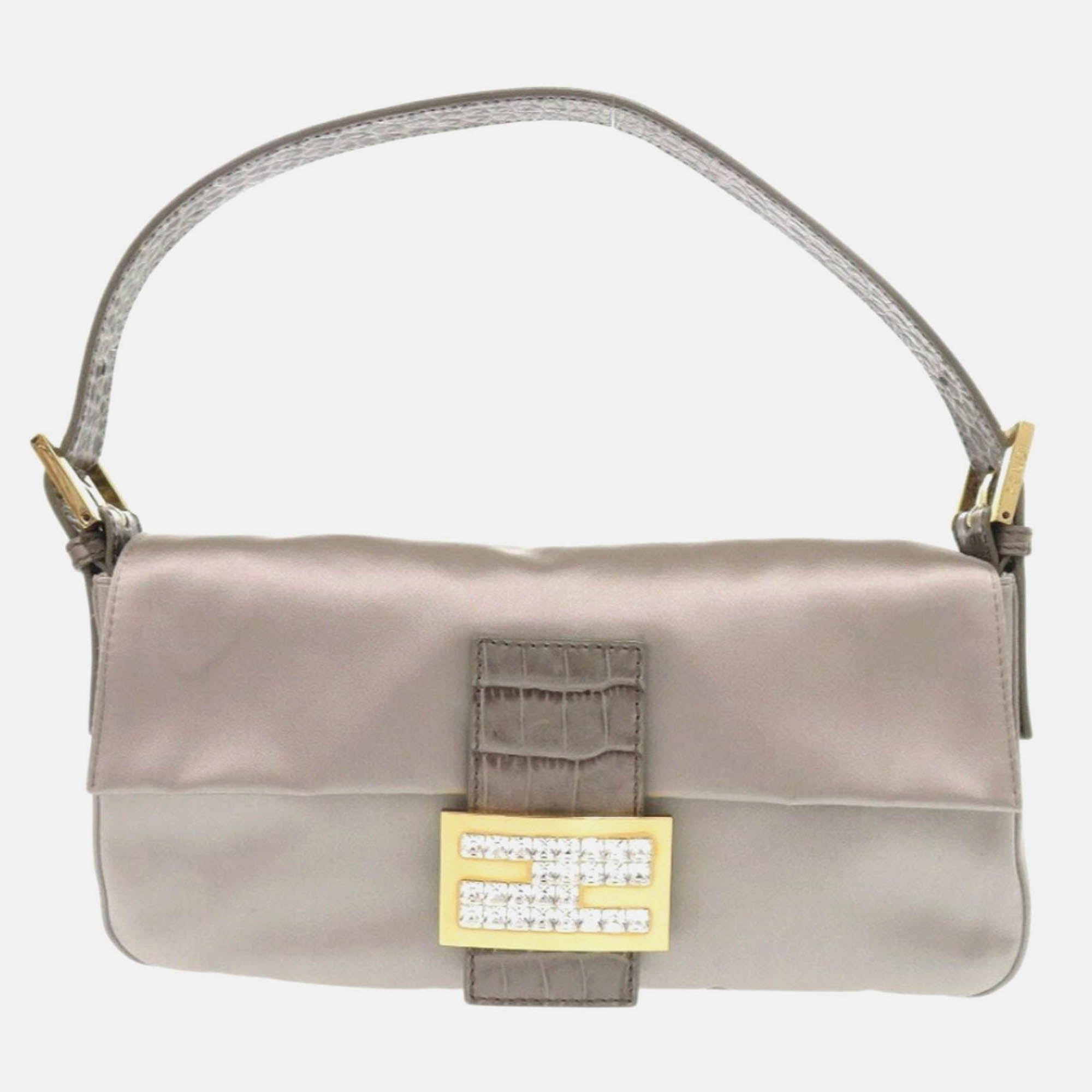 Pre Owned Fendi Mamma Gray Satin and Leather Shoulder Bag