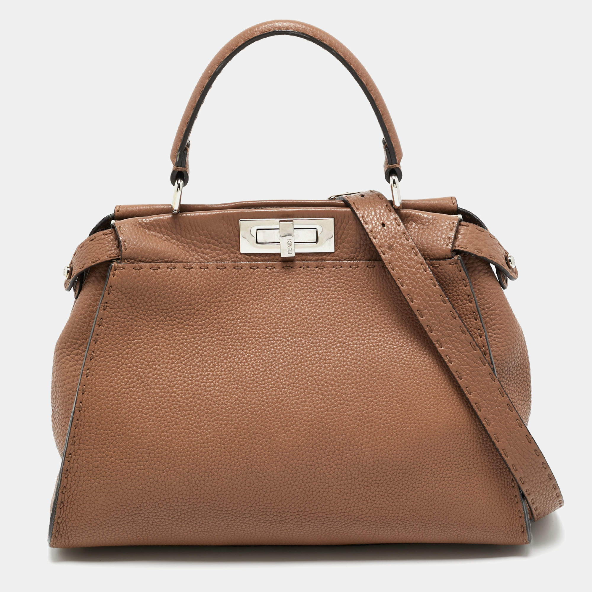 Pre Owned Fendi Brown Leather Medium Peekaboo Top Handle Bag