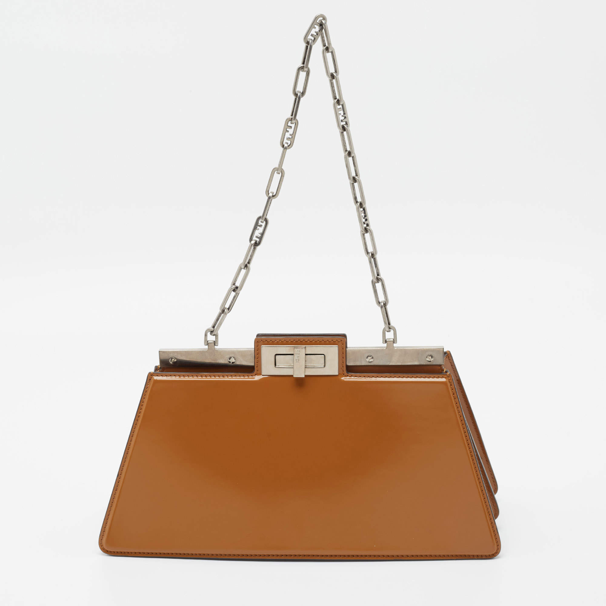 Pre Owned Fendi Brown Glossy Leather Medium Peekaboo Cut Bag