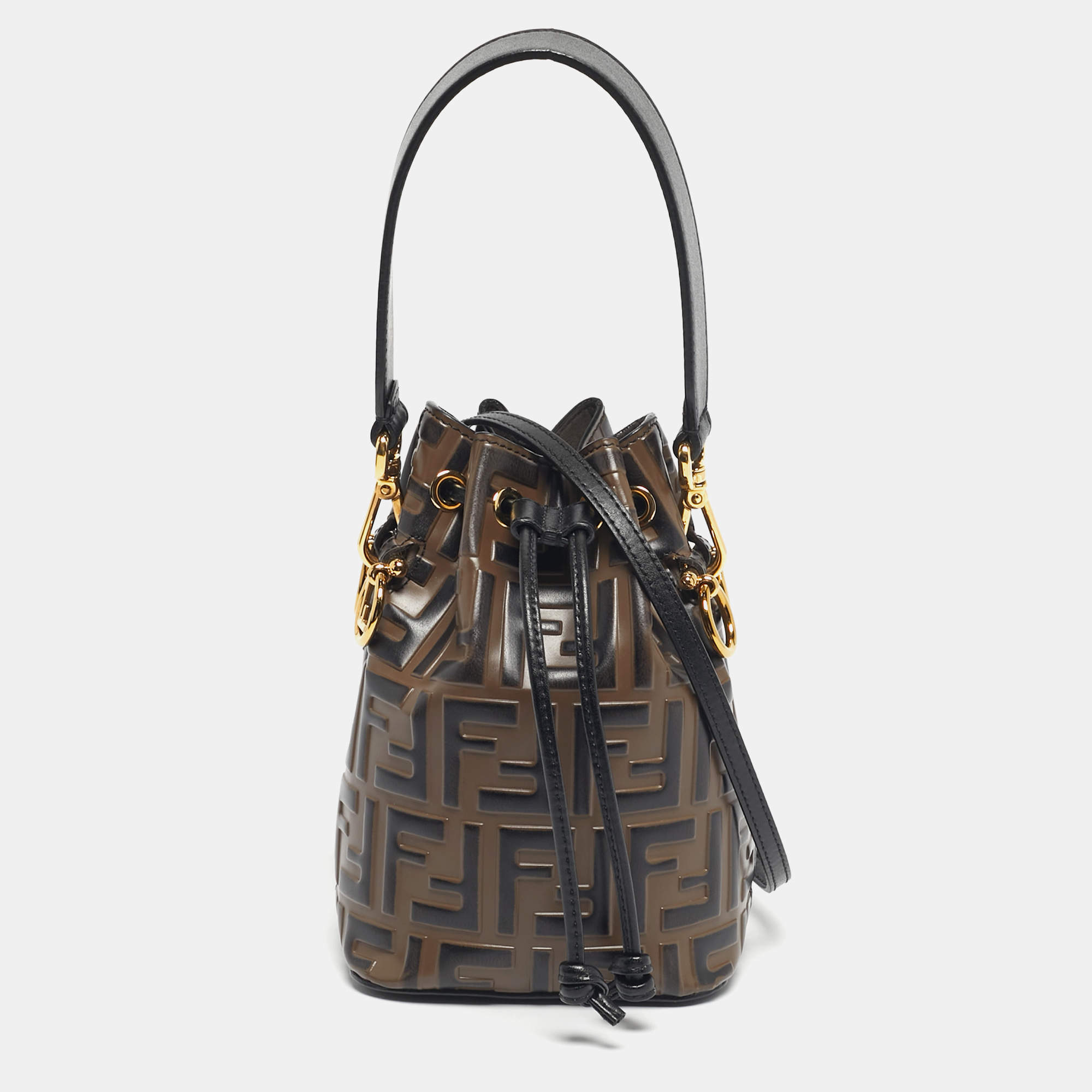 Pre Owned Fendi Brown/Black Zucca Leather Mini Mon Tresor Bucket Bag
