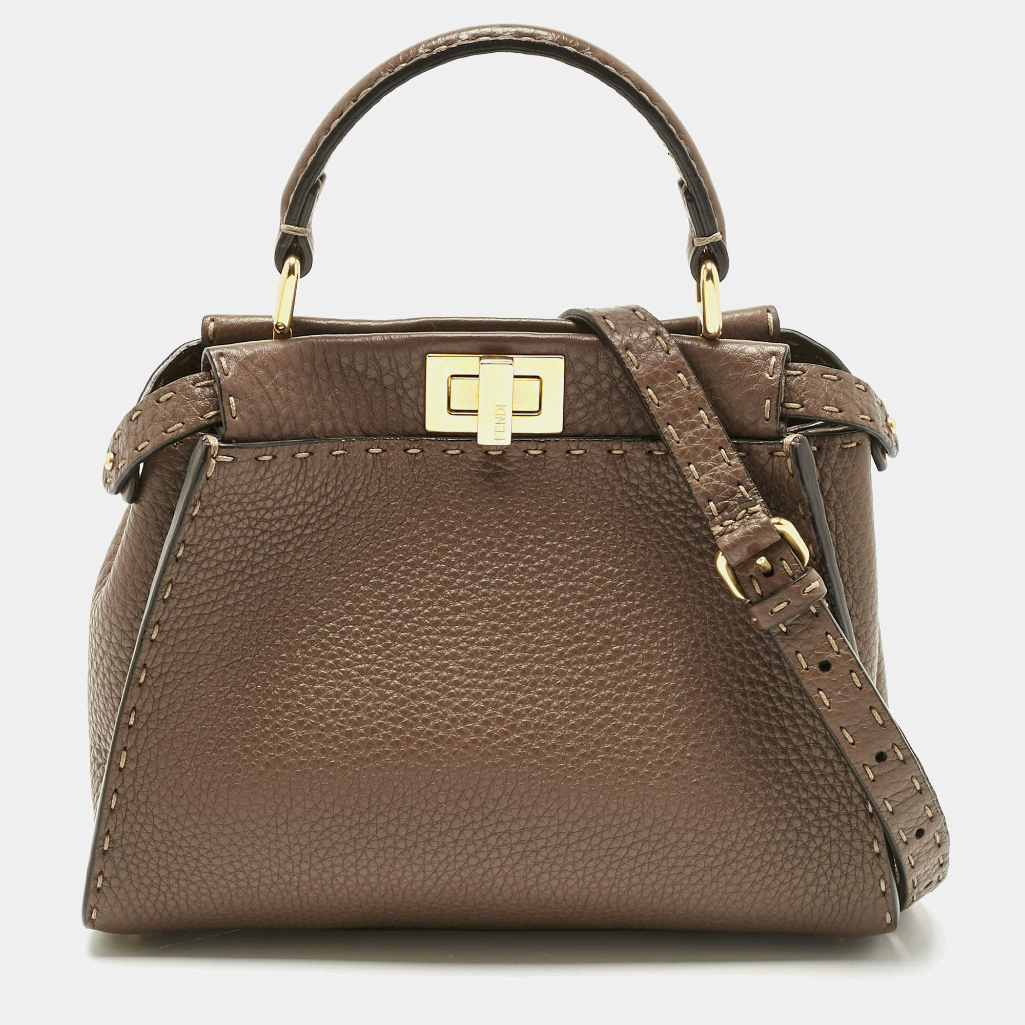 Pre Owned Fendi Brown Selleria Leather Mini Peekaboo Top Handle Bag