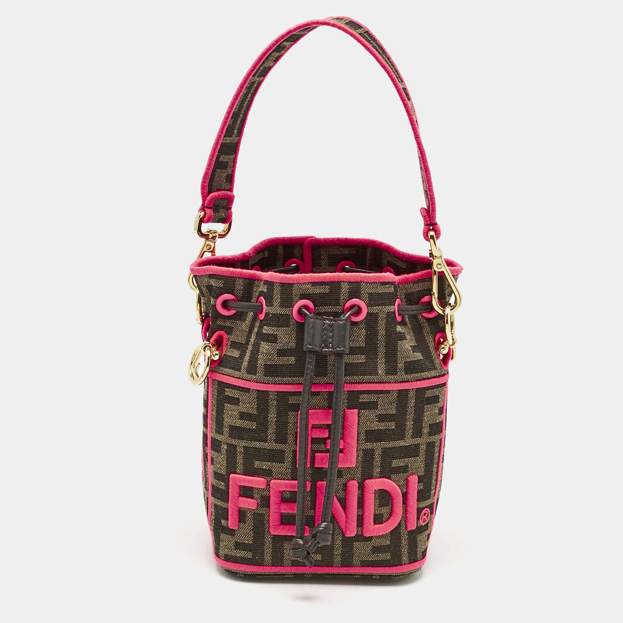 Pre Owned Fendi Neon Pink/Tobacco FF Canvas Mini Mon Tresor Drawstring Bucket Bag