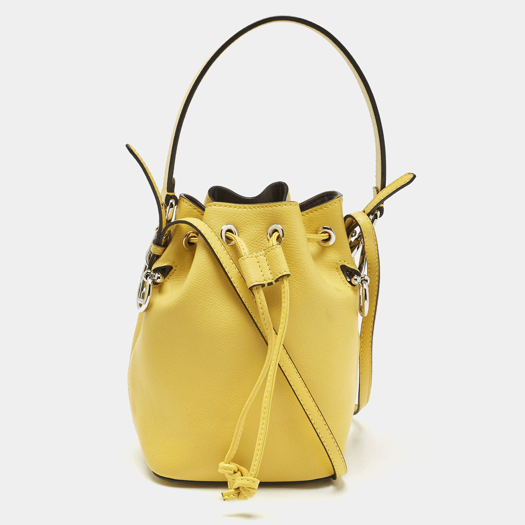 Pre Owned Fendi Yellow Leather Mini Mon Tresor Drawstring Bucket Bag