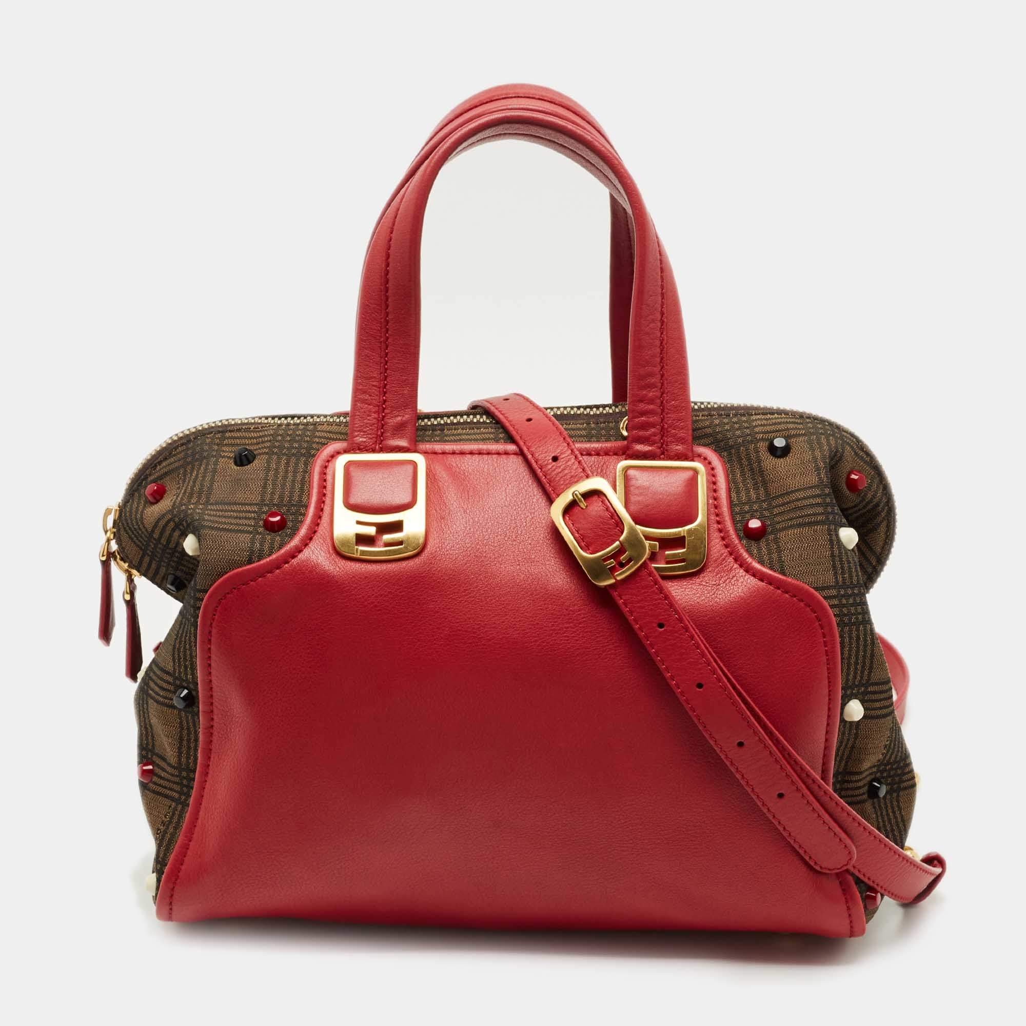 Pre Owned Fendi Red/Tobacco Leather and Fabric Small Studded Chameleon Satchel