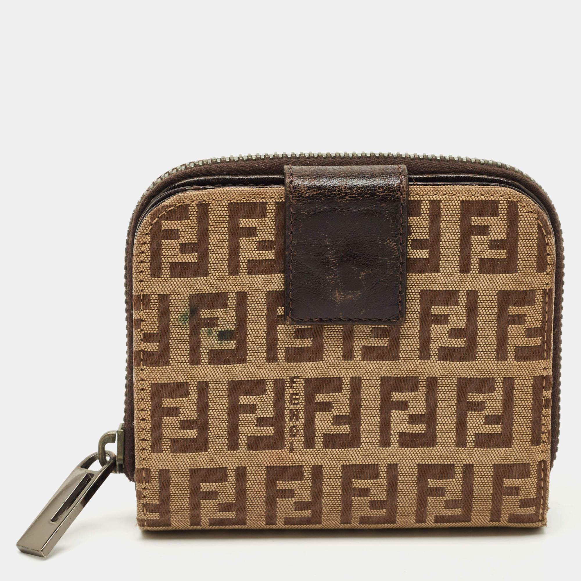 Pre Owned Fendi Beige/Brown Zucchino Canvas and Leather Compact Wallet