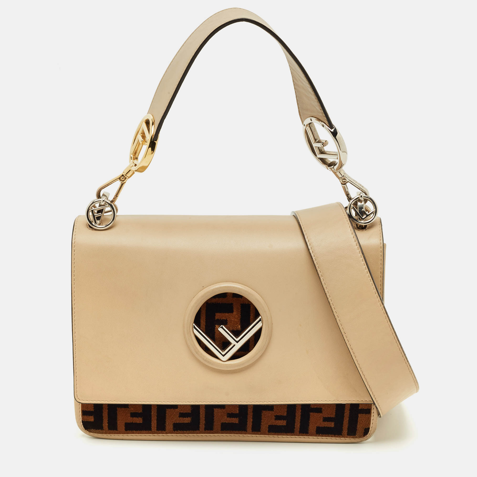 Pre Owned Fendi Beige/Brown Leather and FF Velvet Kan I F Logo Top Handle Bag