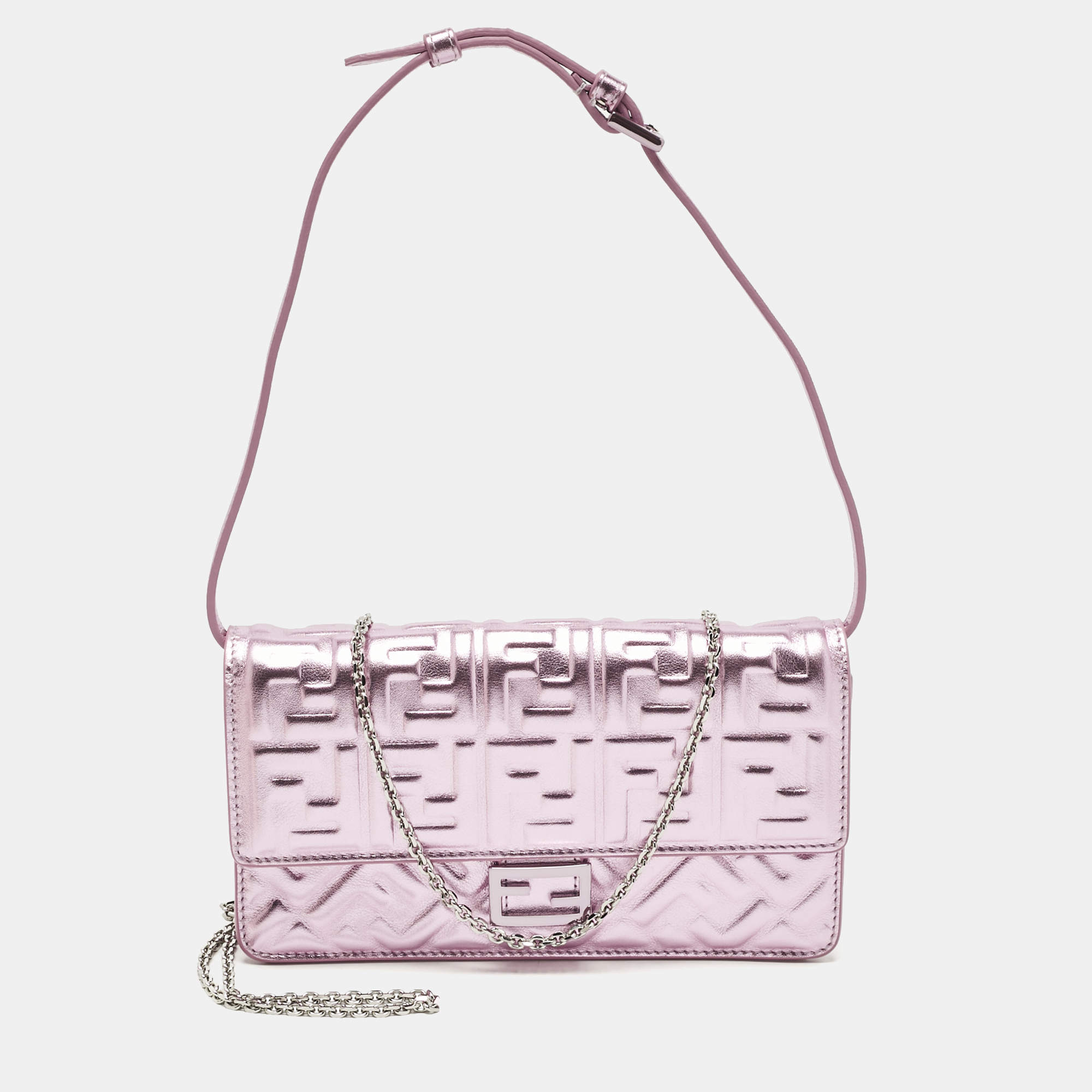 Pre Owned Fendi Metallic Pink Zucca Embossed Leather Baguette Wallet on Chain