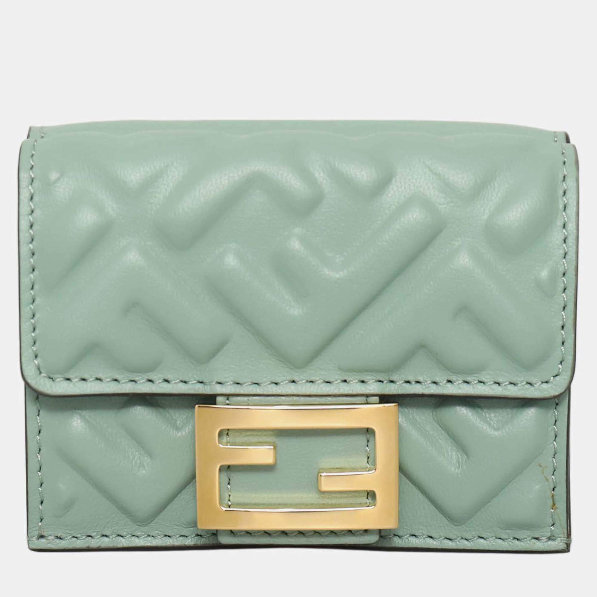 Pre Owned Fendi Baguette Micro Trifold Green Leather Wallet