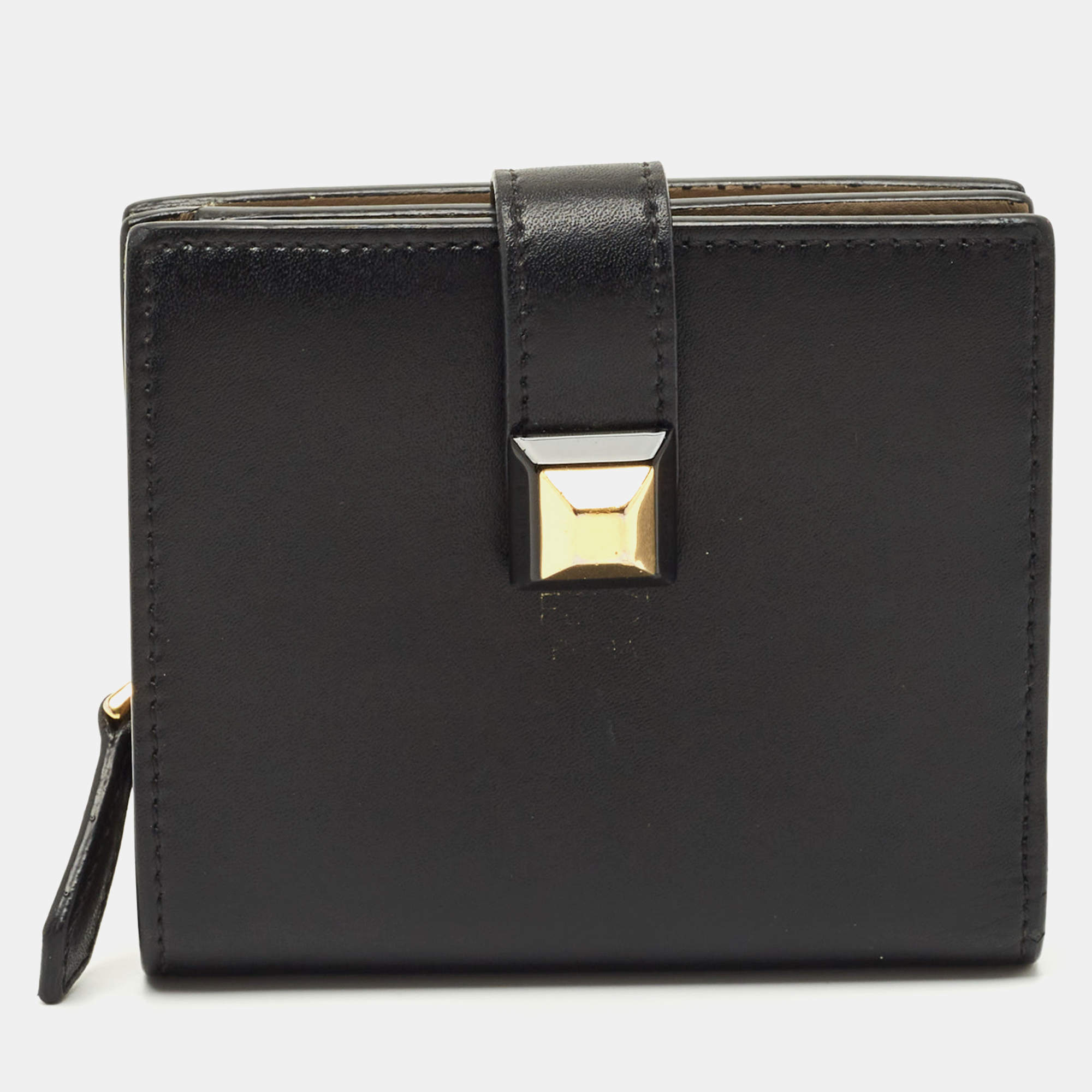 Pre Owned Fendi Black Leather Accordion Flap Bifold Wallet