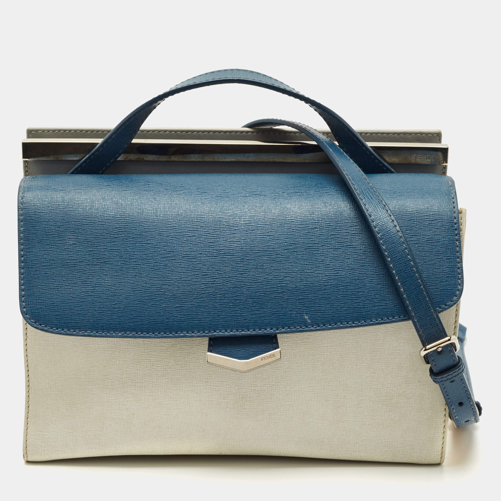 Pre Owned Fendi Blue/White Leather Mini Demi Jour Top Handle Bag