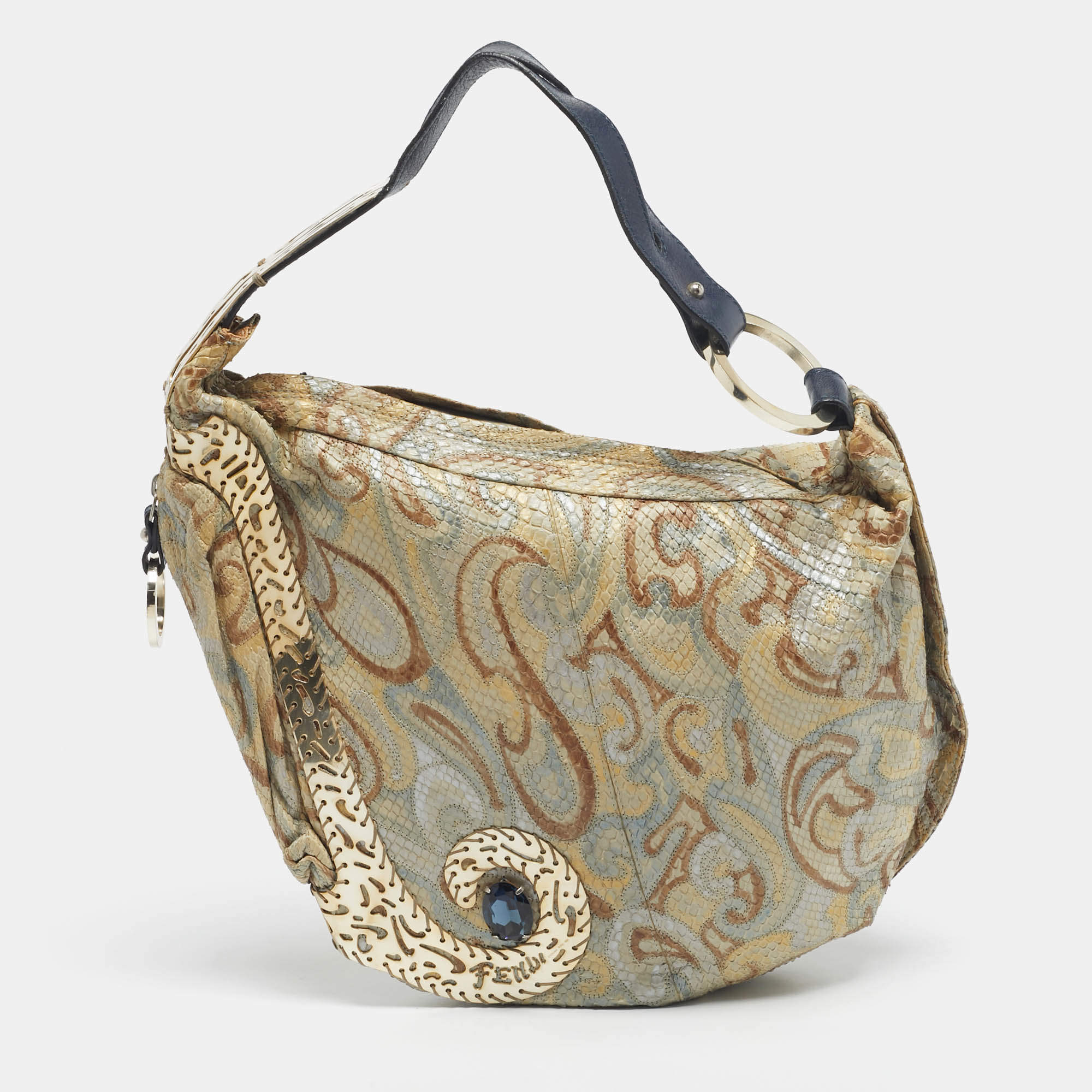 Pre Owned حقيبة هوبو فيندي أويستر جلود بايثون وزرقاء/ذهبية مزينة