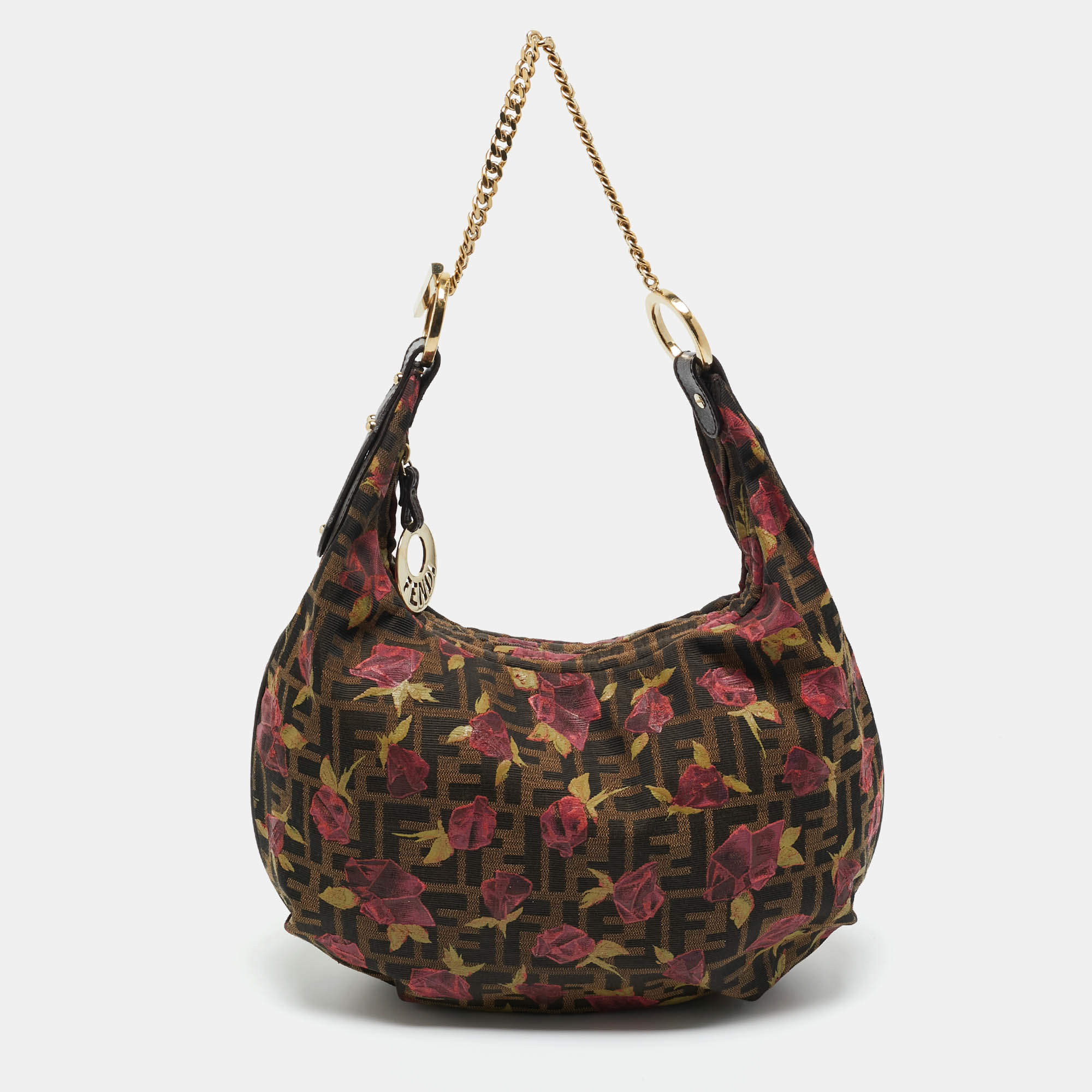 Pre Owned Fendi Tobacco/Red Zucca Canvas and Leather Rose Print Chef Chain Hobo