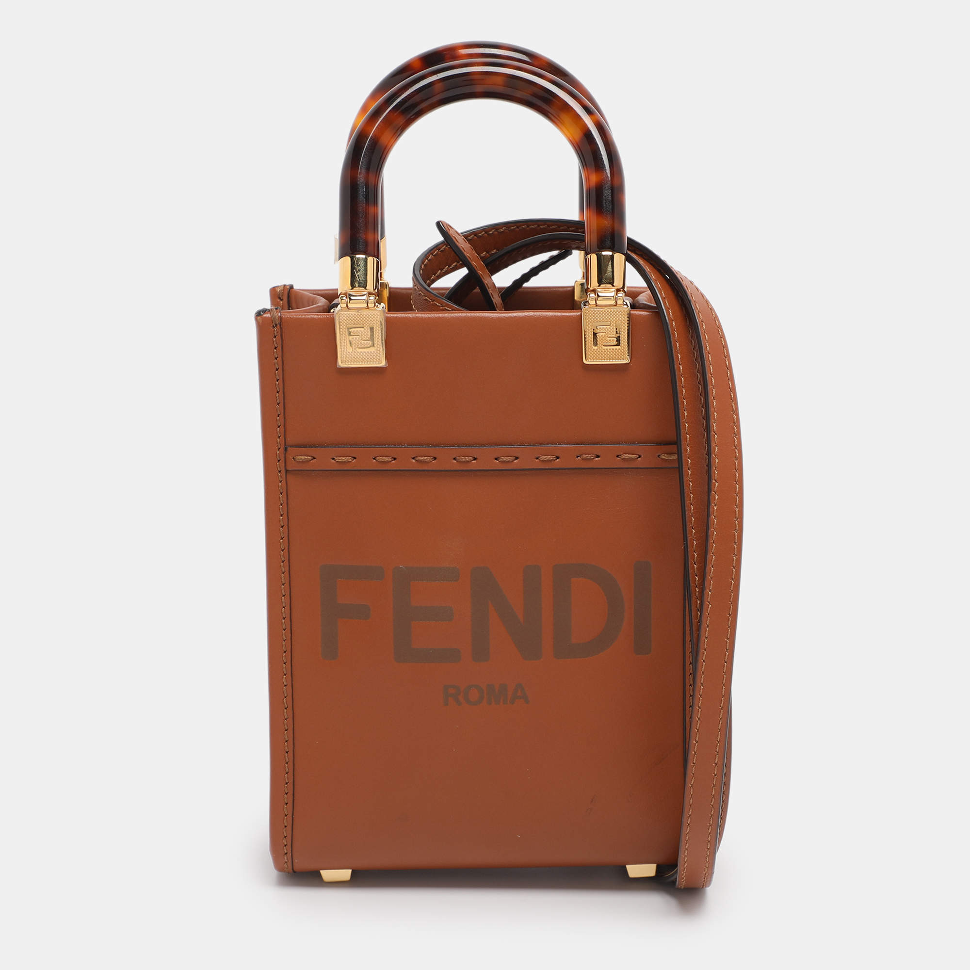 Pre Owned Fendi Brown Leather Sunshine Mini Tote