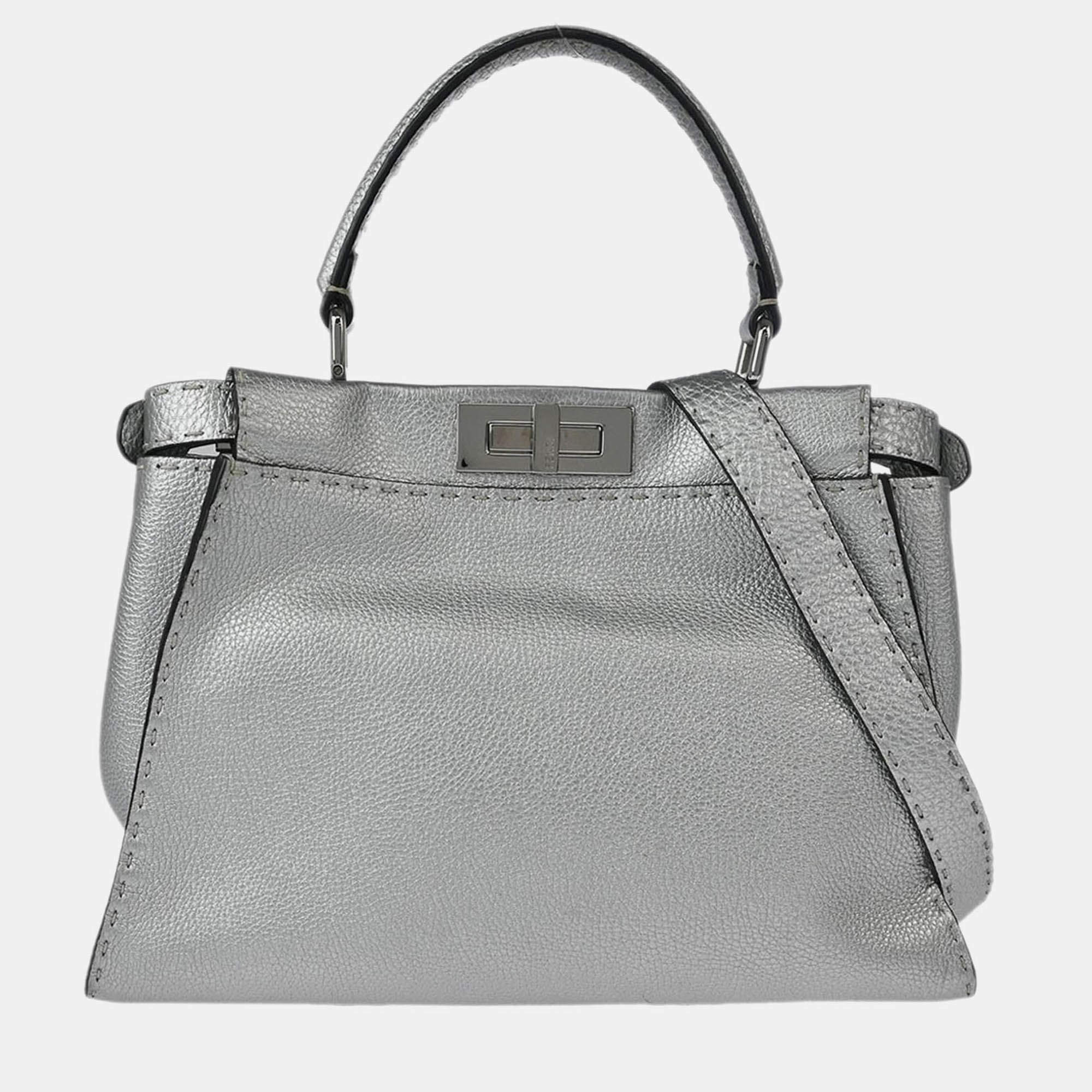 Pre Owned Fendi Silver Leather Peekaboo 2way Handbag