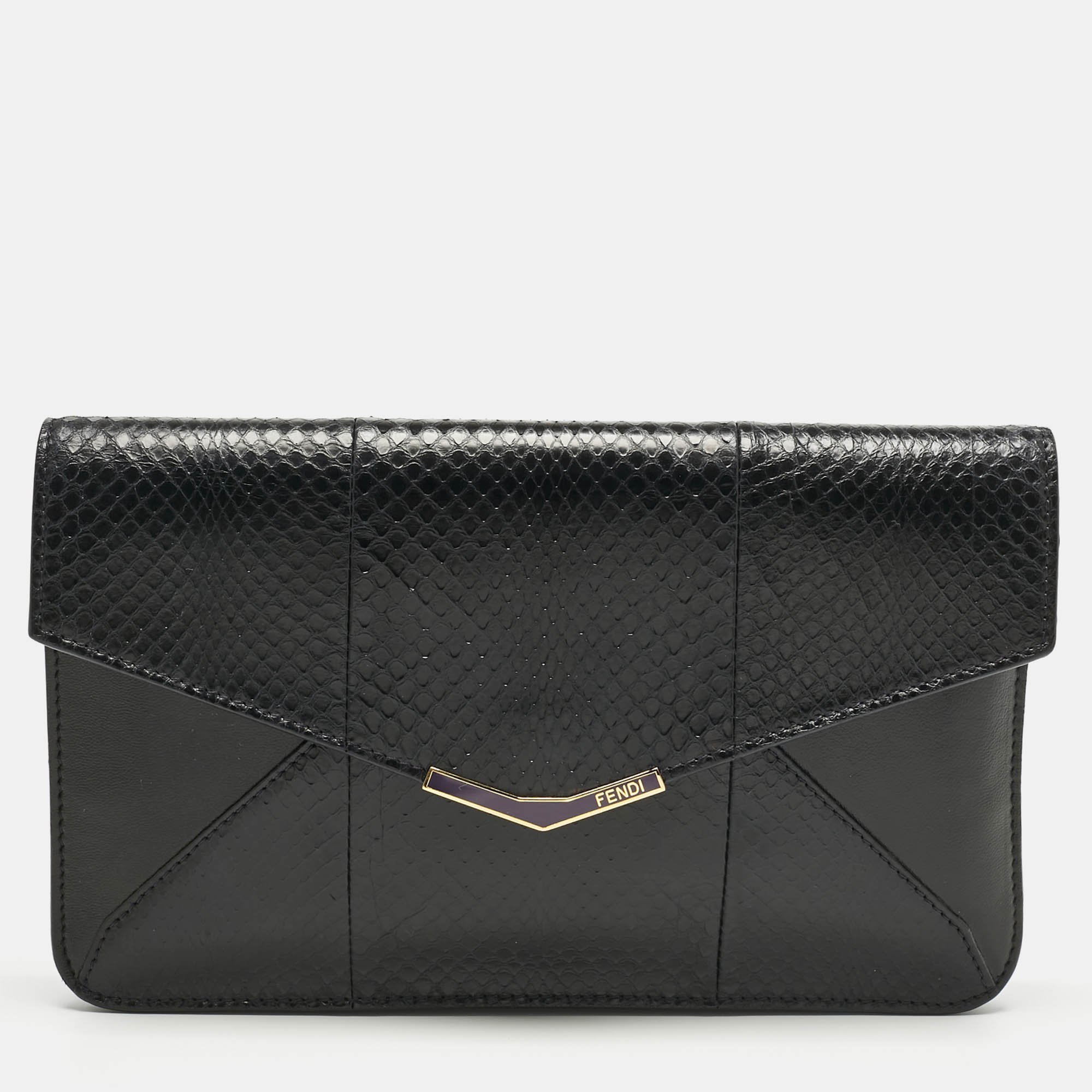 Pre Owned Fendi Black Leather and Snakeskin 2Jours Envelope Clutch