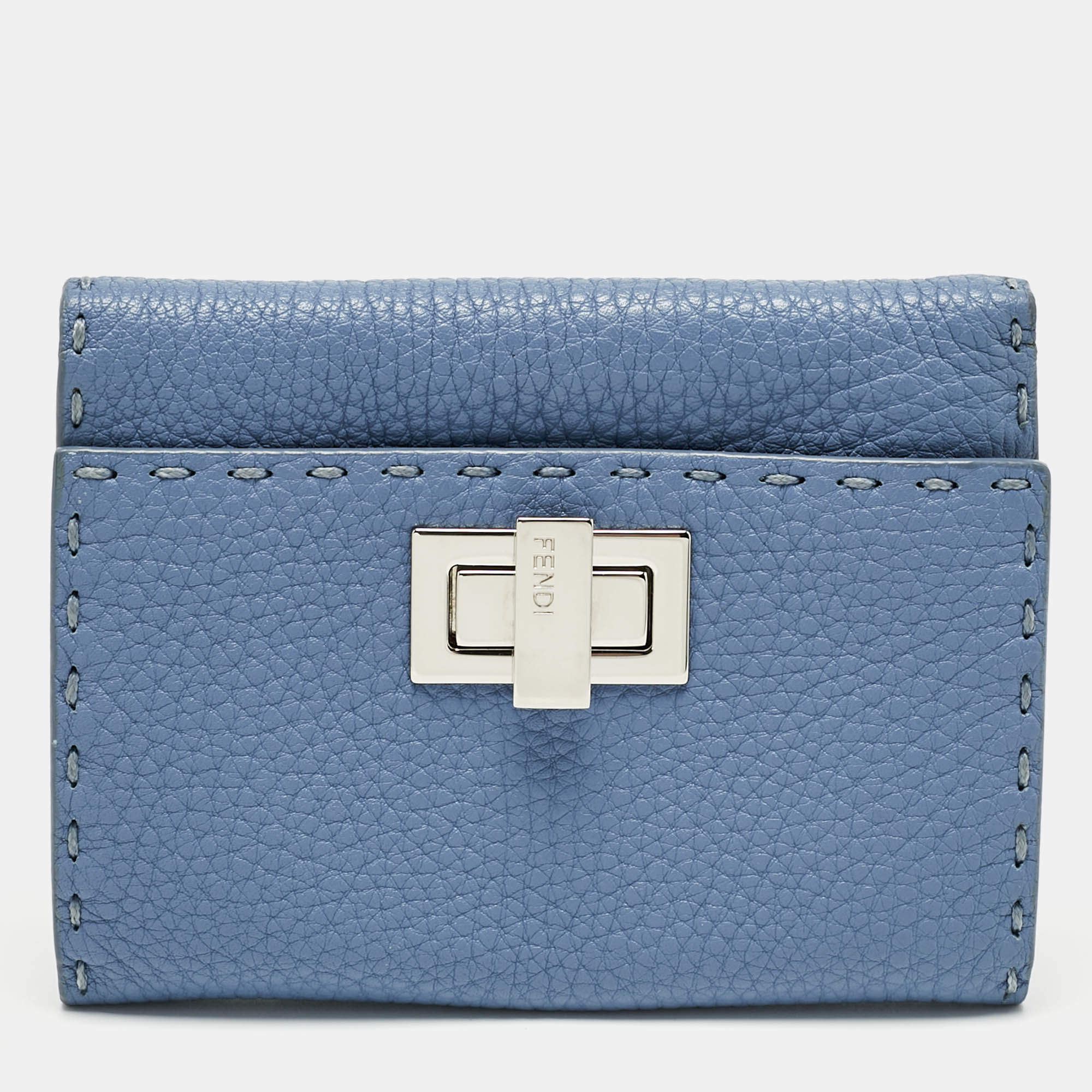 Pre Owned Fendi Blue Sellier Leather Peekaboo Compact Wallet