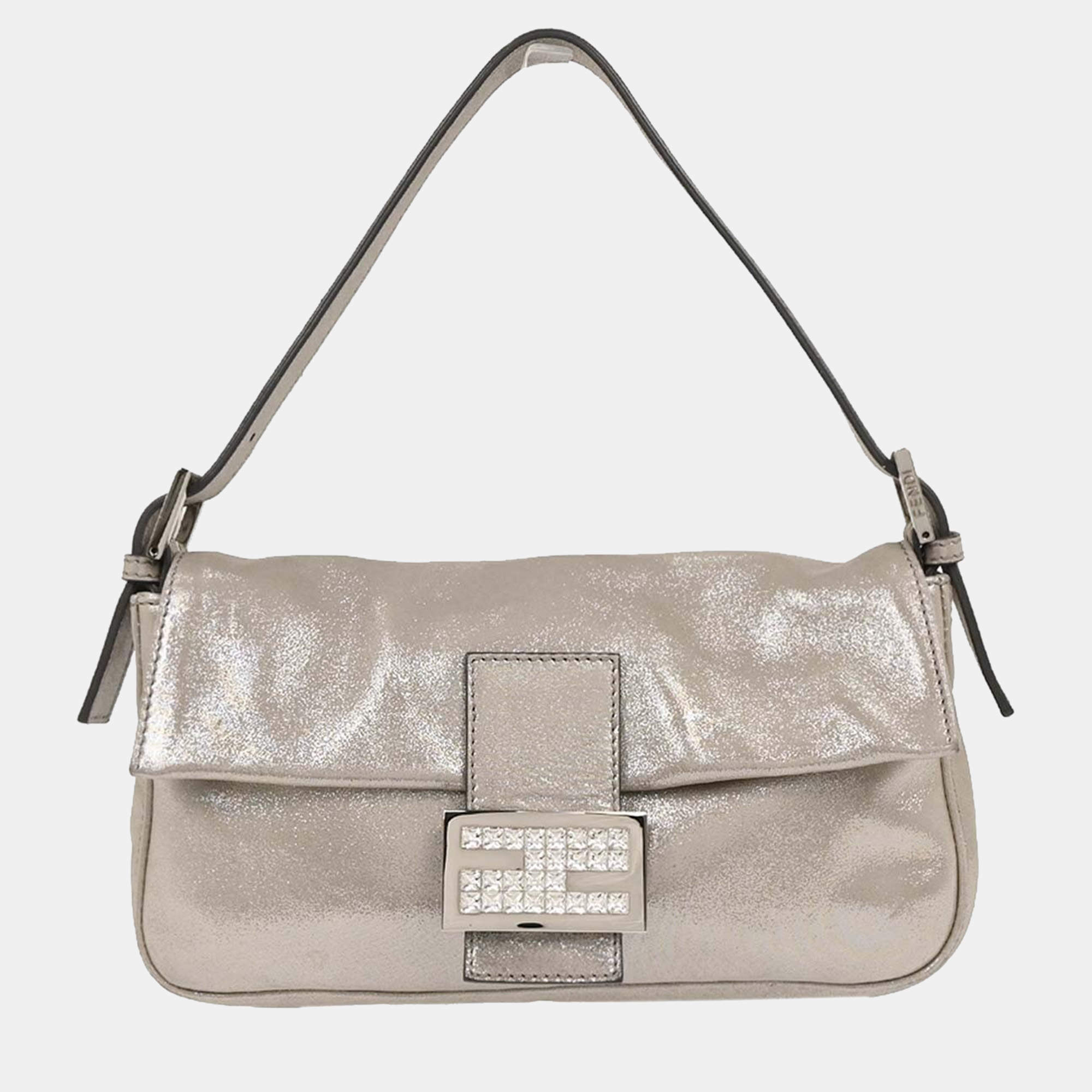 Pre Owned Fendi Metallic Silver Leather Baguette Handbag