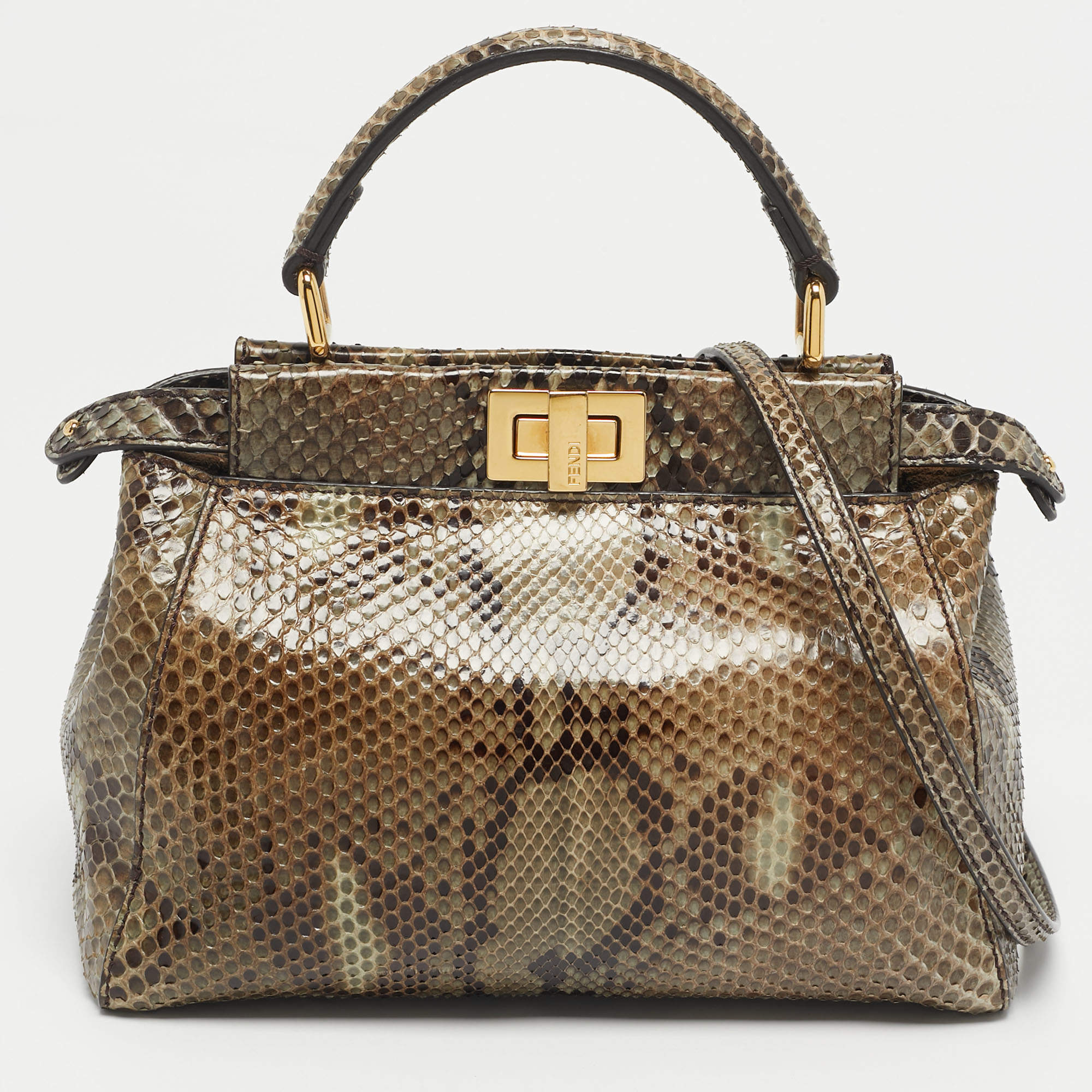 Pre Owned Fendi Olive Green/Black Python Mini Peekaboo Top Handle Bag