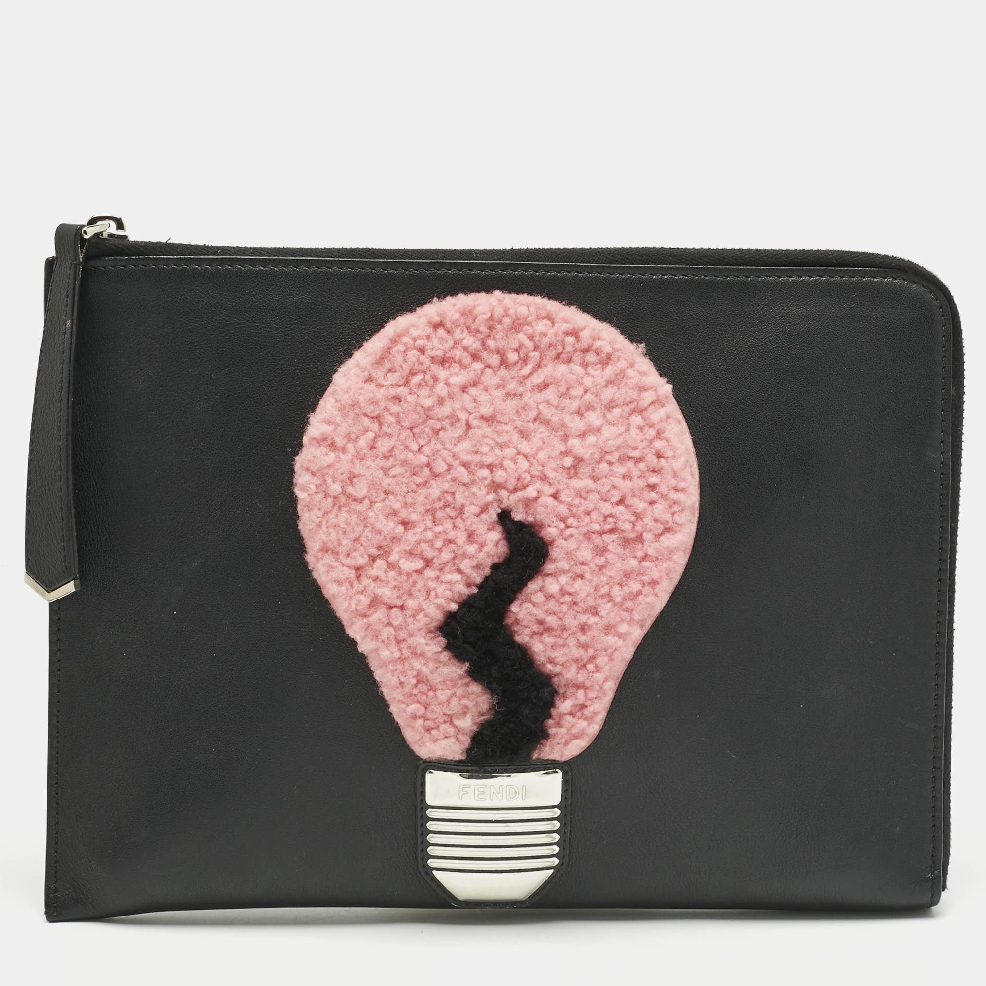 Pre Owned Fendi Black Leather and Shearling Fur FF Fflynn Zip Clutch