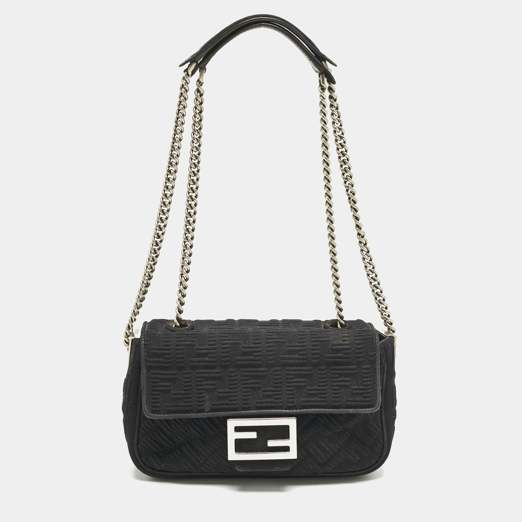 Pre Owned Fendi Black Zucca Embossed Fabric Mini Baguette Chain Crossbody Bag