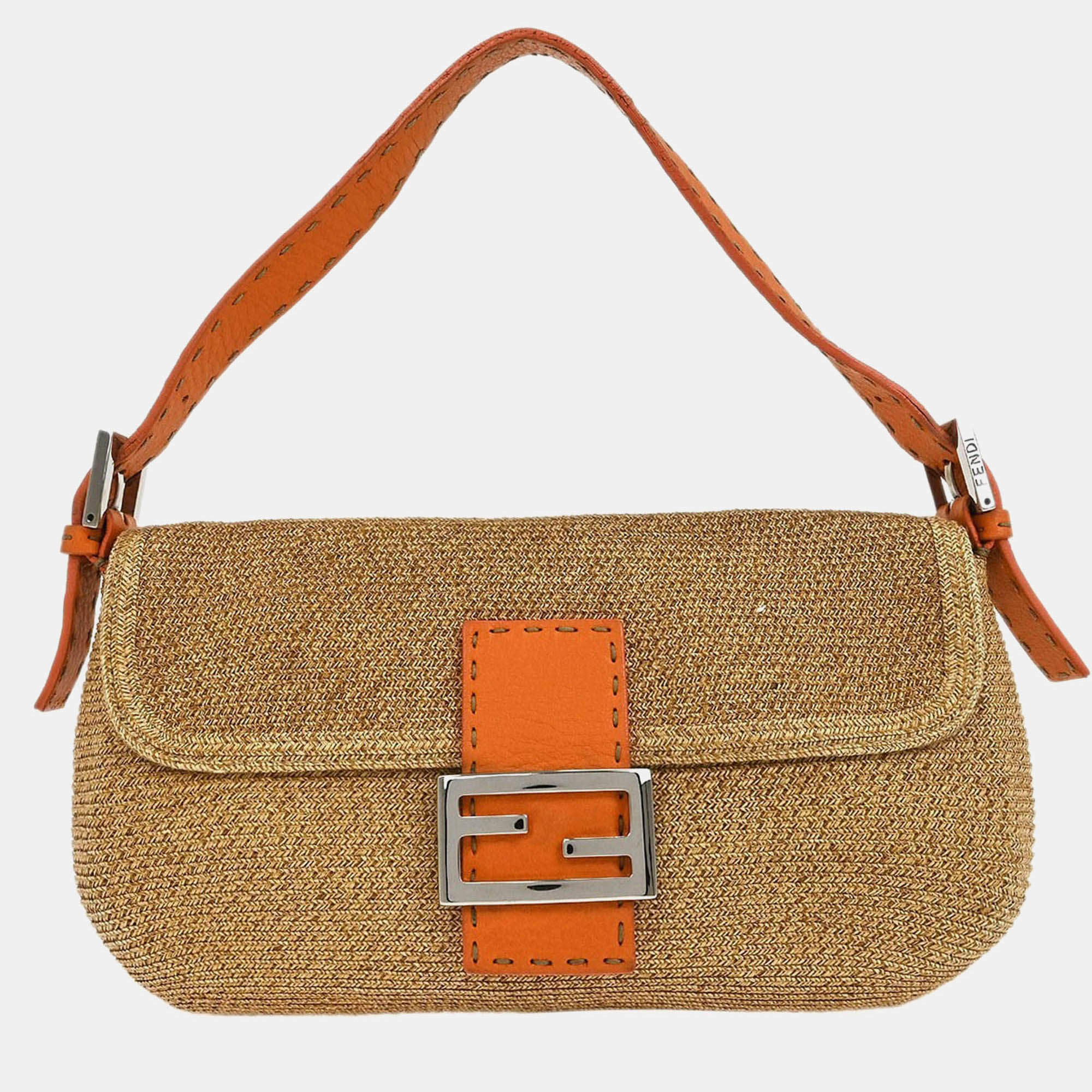 Pre Owned Fendi Beige Raffia Baguette Handbag