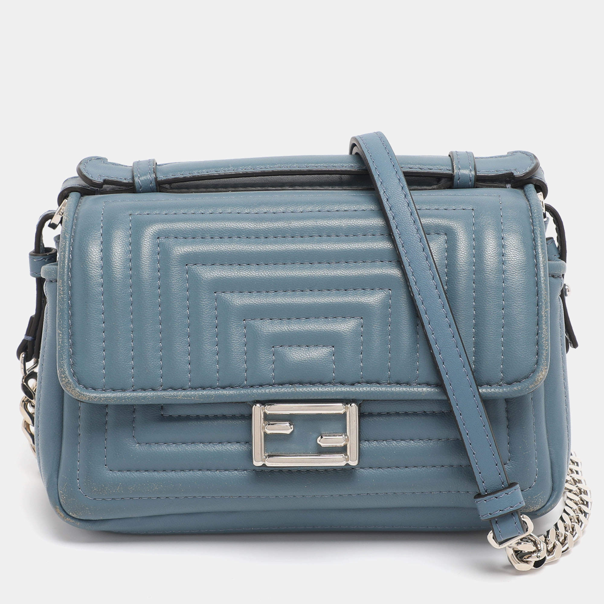 Pre Owned Fendi Light Blue Quilted Leather Micro Double Baguette Bag