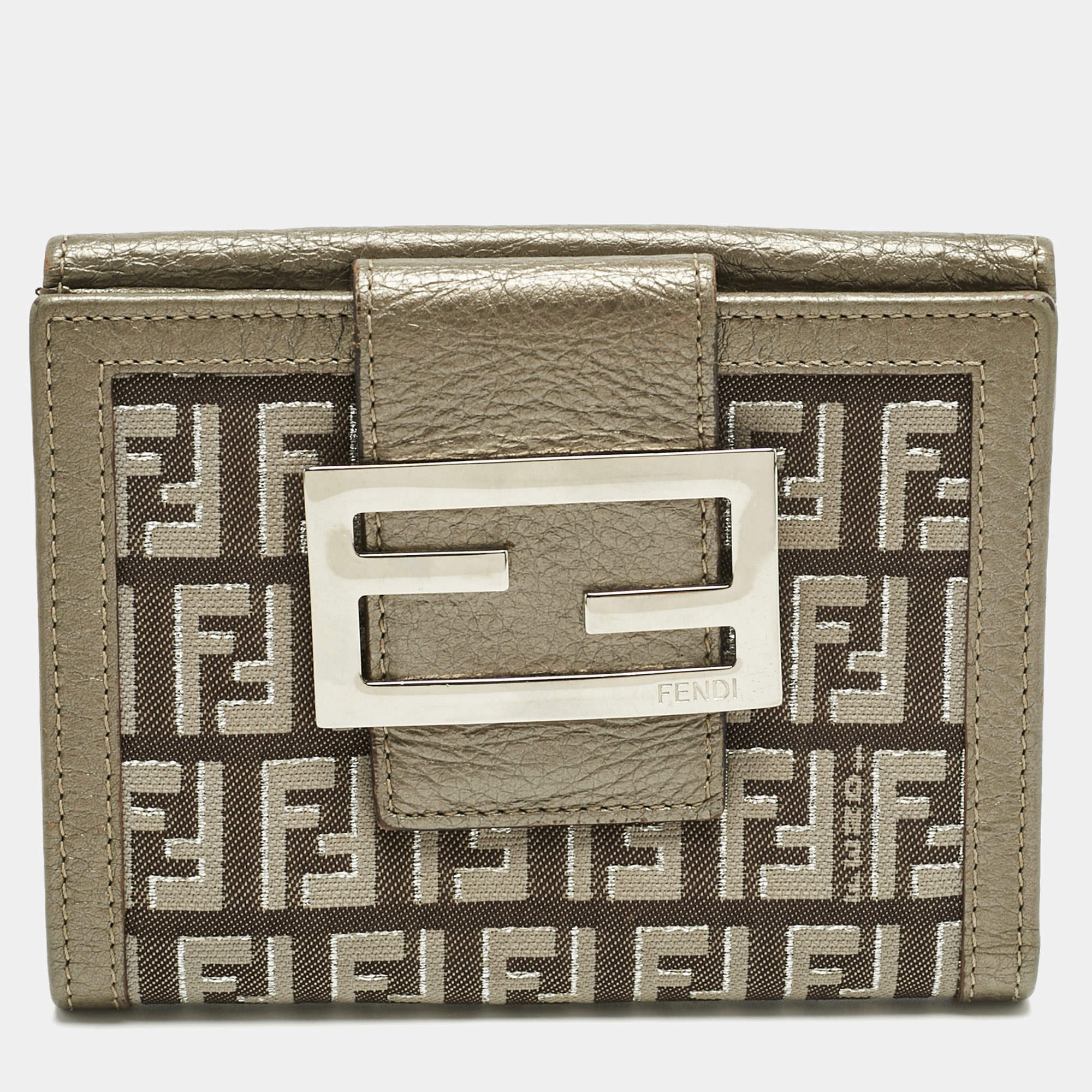 Pre Owned Fendi Metallic Zucca Fabric and Leather French Flap Compact Wallet