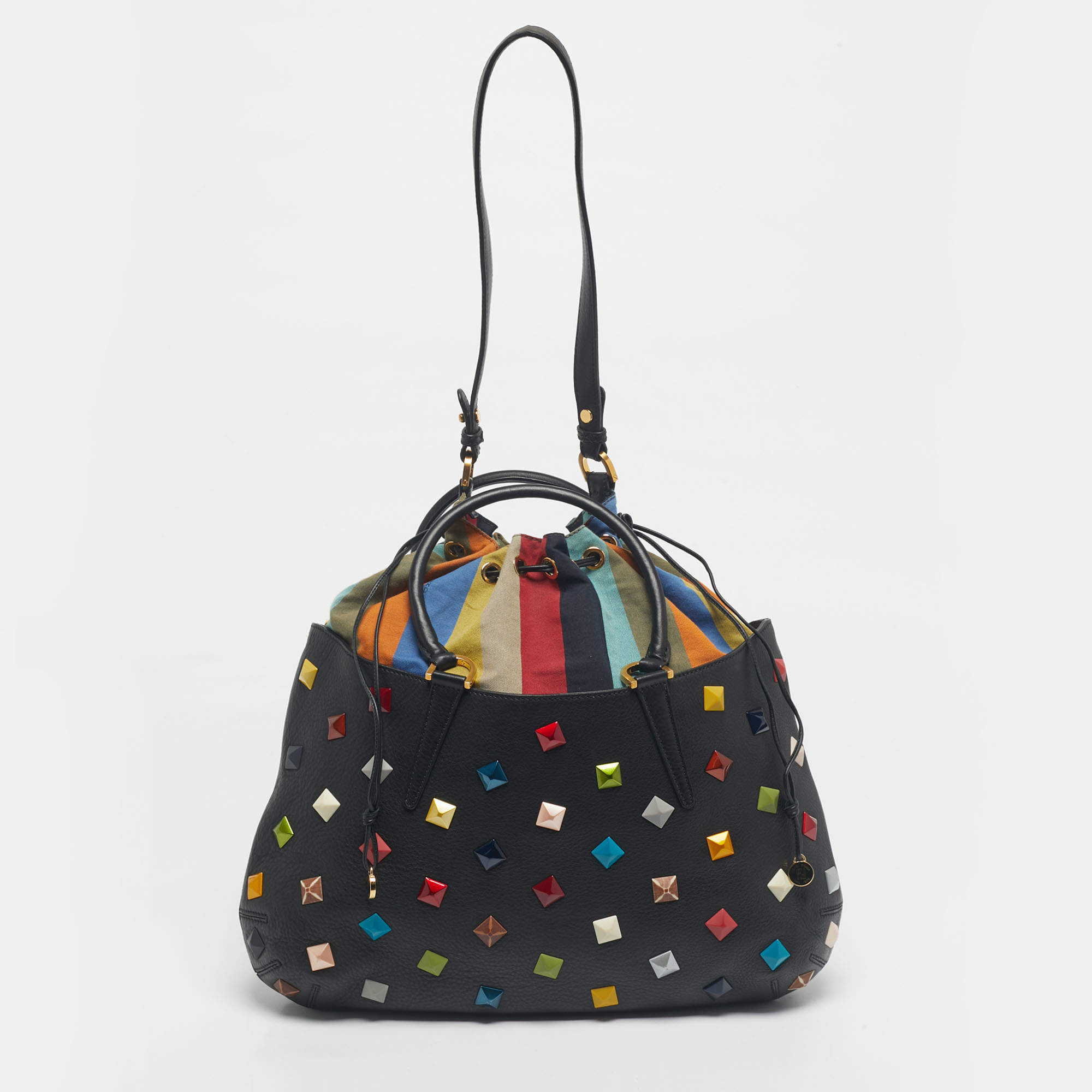 Pre Owned Fendi Black/Multicolor Leather and Fabric Studded B. Fab Drawstring Tote
