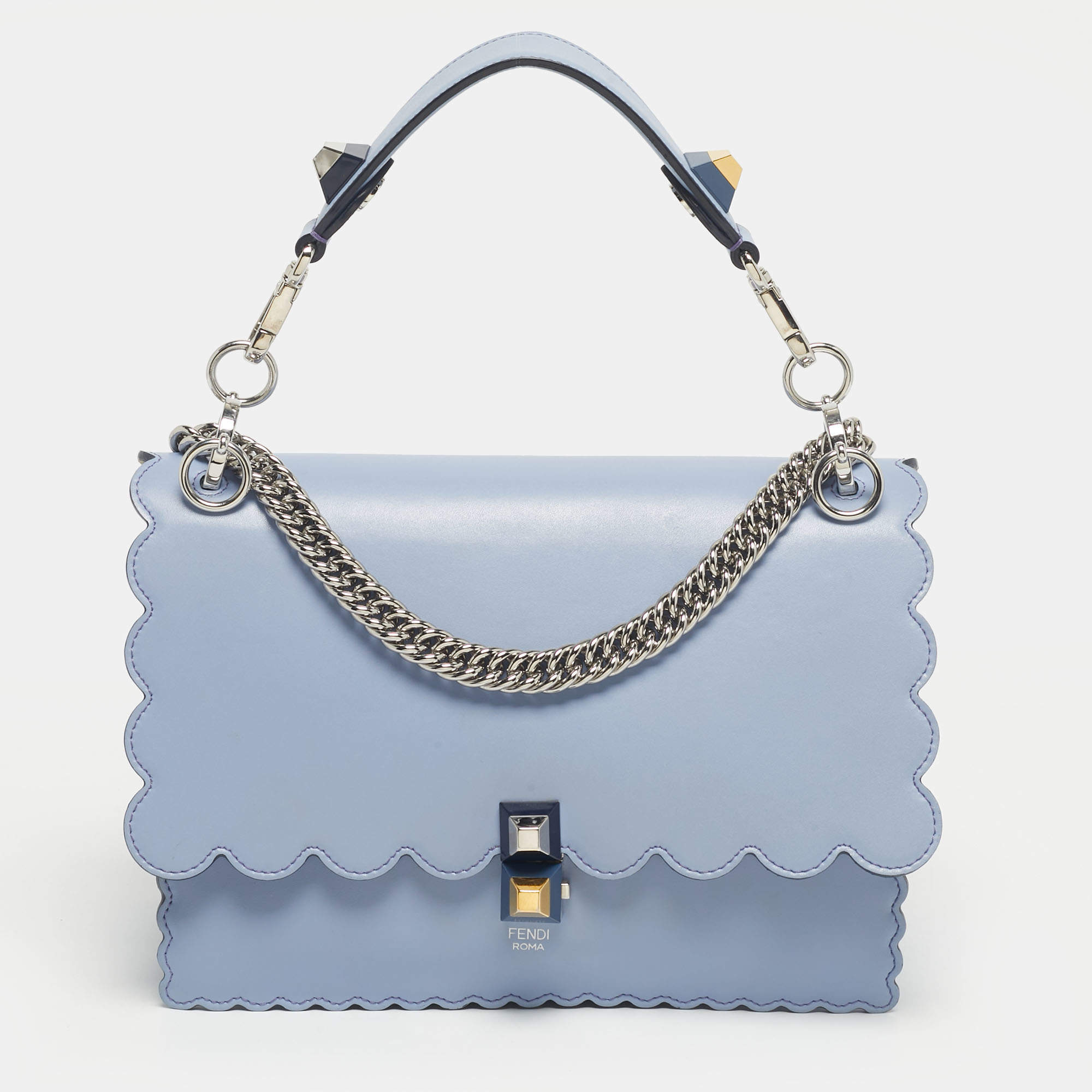 Pre Owned Fendi Light Blue Leather Medium Scalloped Kan I Shoulder Bag