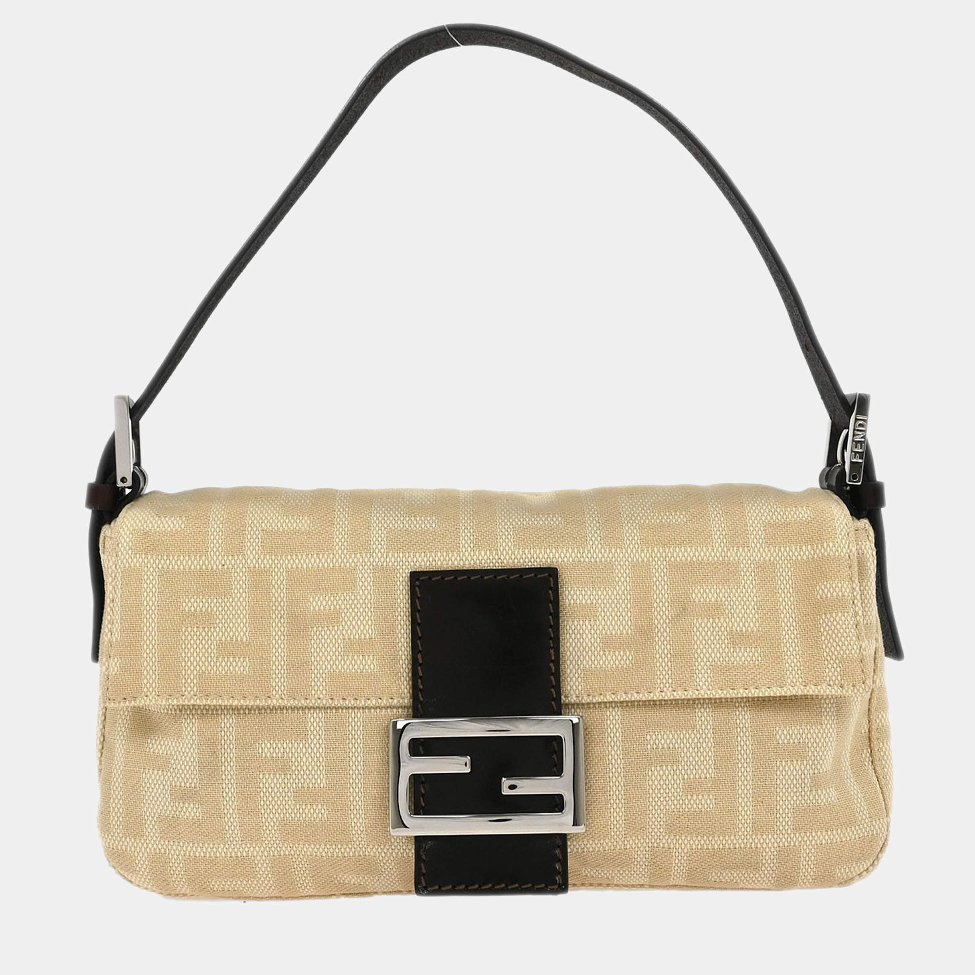 Pre Owned Fendi Beige Zucca Baguette Handbag