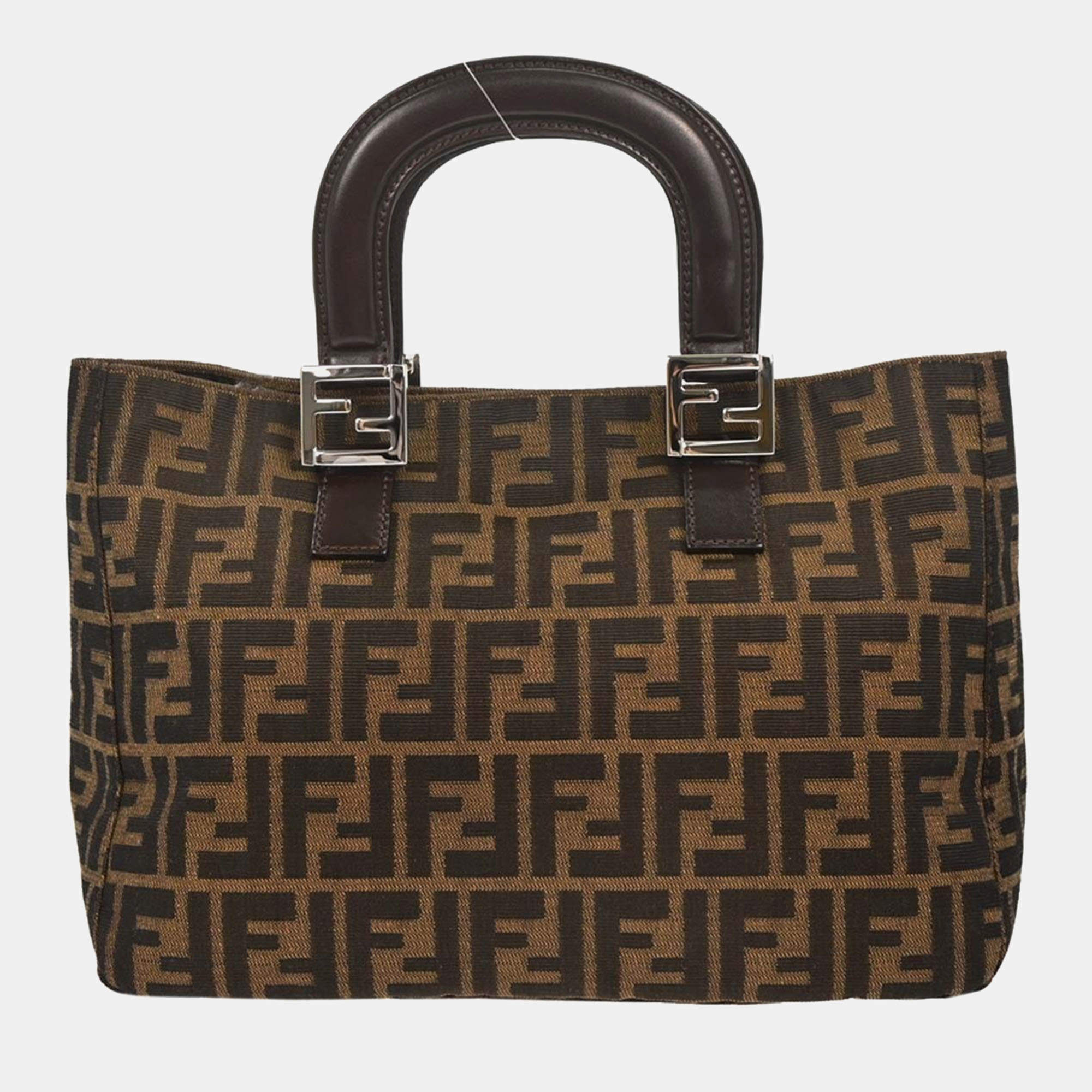 Pre Owned Fendi Black/Brown canvas Leather Zucca Handbag