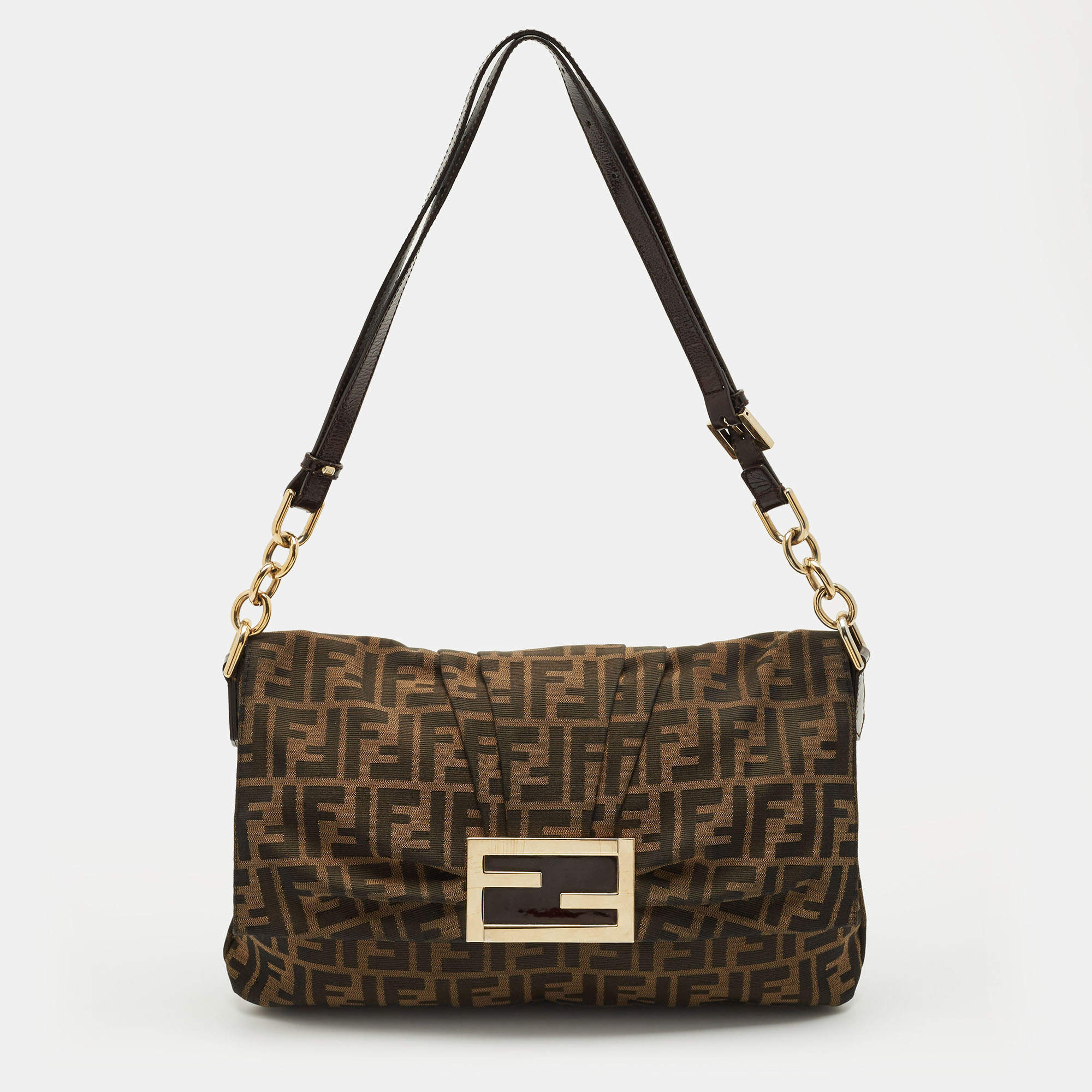 Pre Owned Fendi Tobacco Zucca Canvas and Patent Leather Mia Flap Shoulder Bag