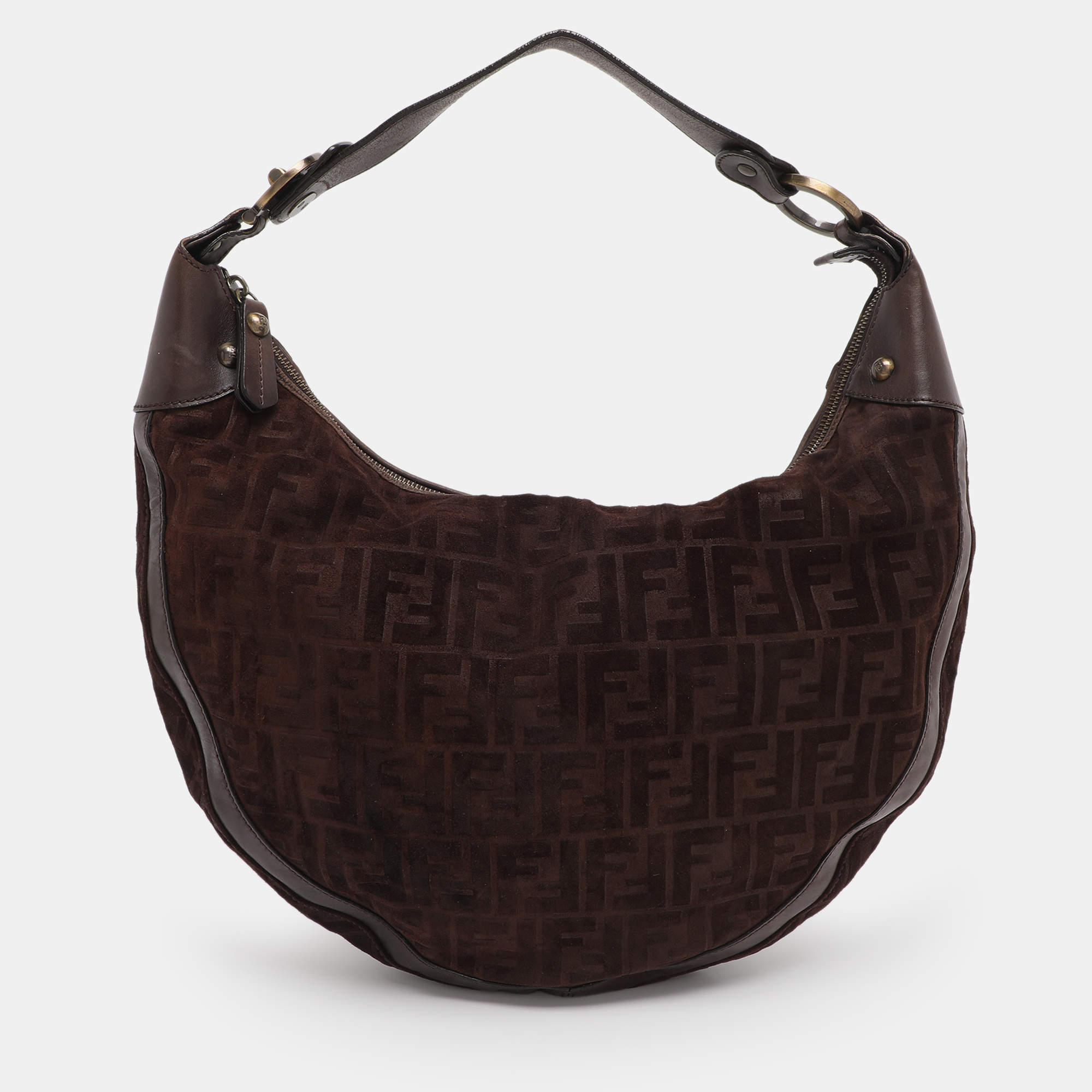 Pre Owned Fendi Brown FF Logo Suede Hobo