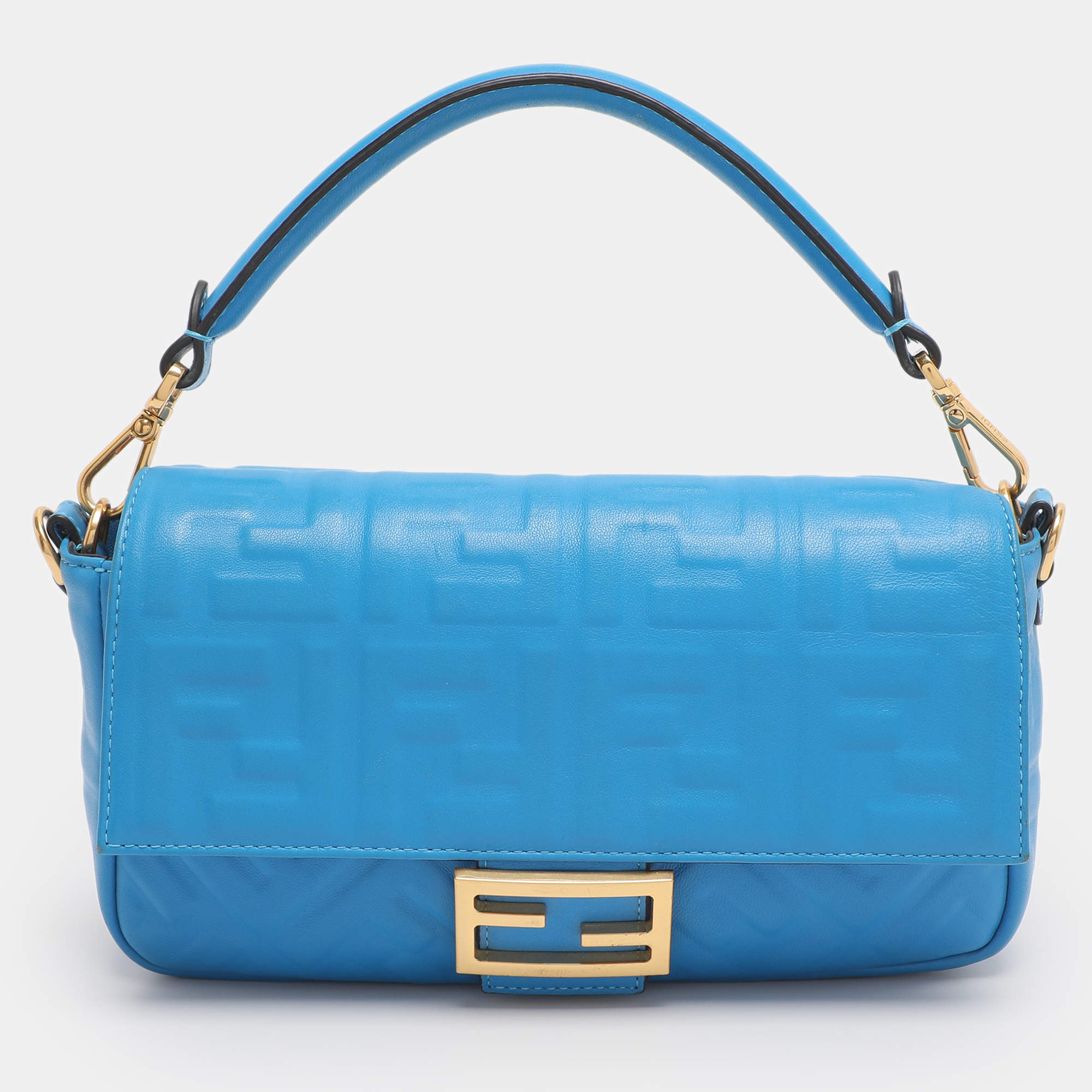 Pre Owned Fendi Blue Zucca Embossed Leather Medium Baguette Bag