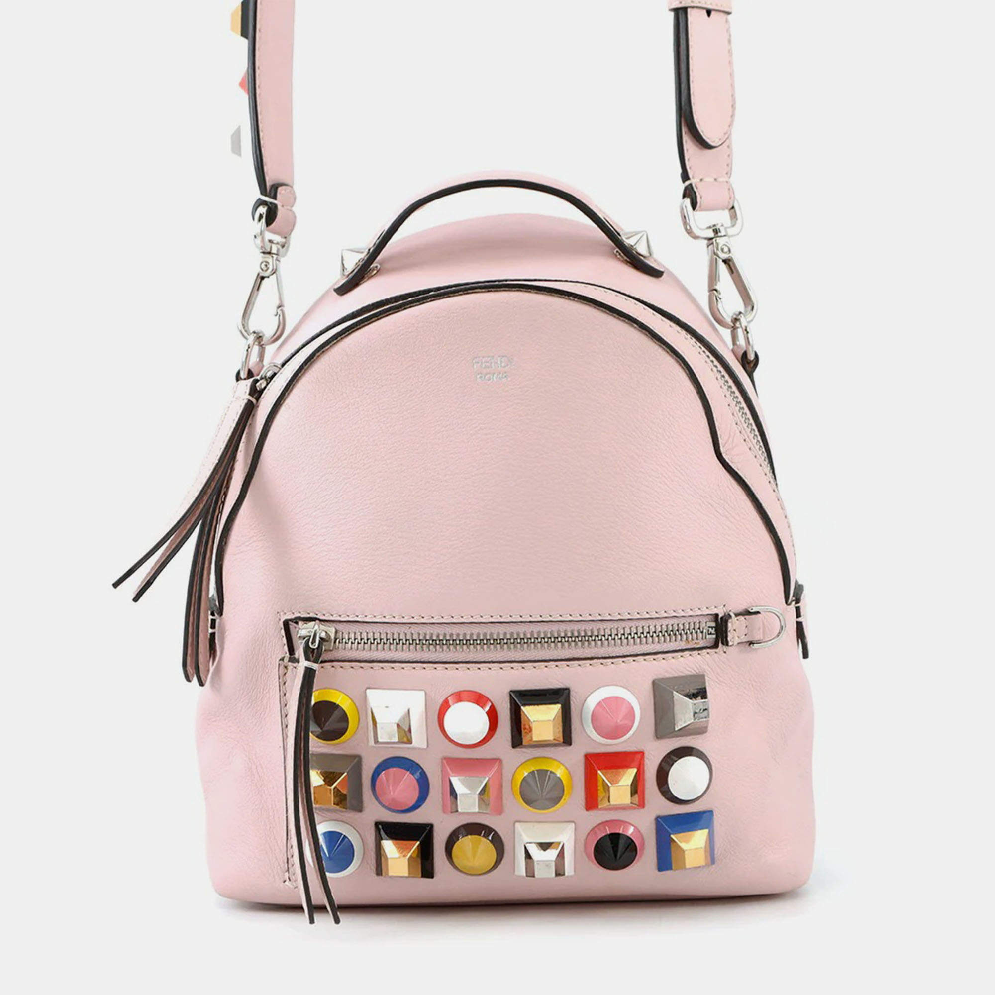 Pre Owned Fendi Bolsa Vitto Dolce Studded Shoulder Bag Pink Leather