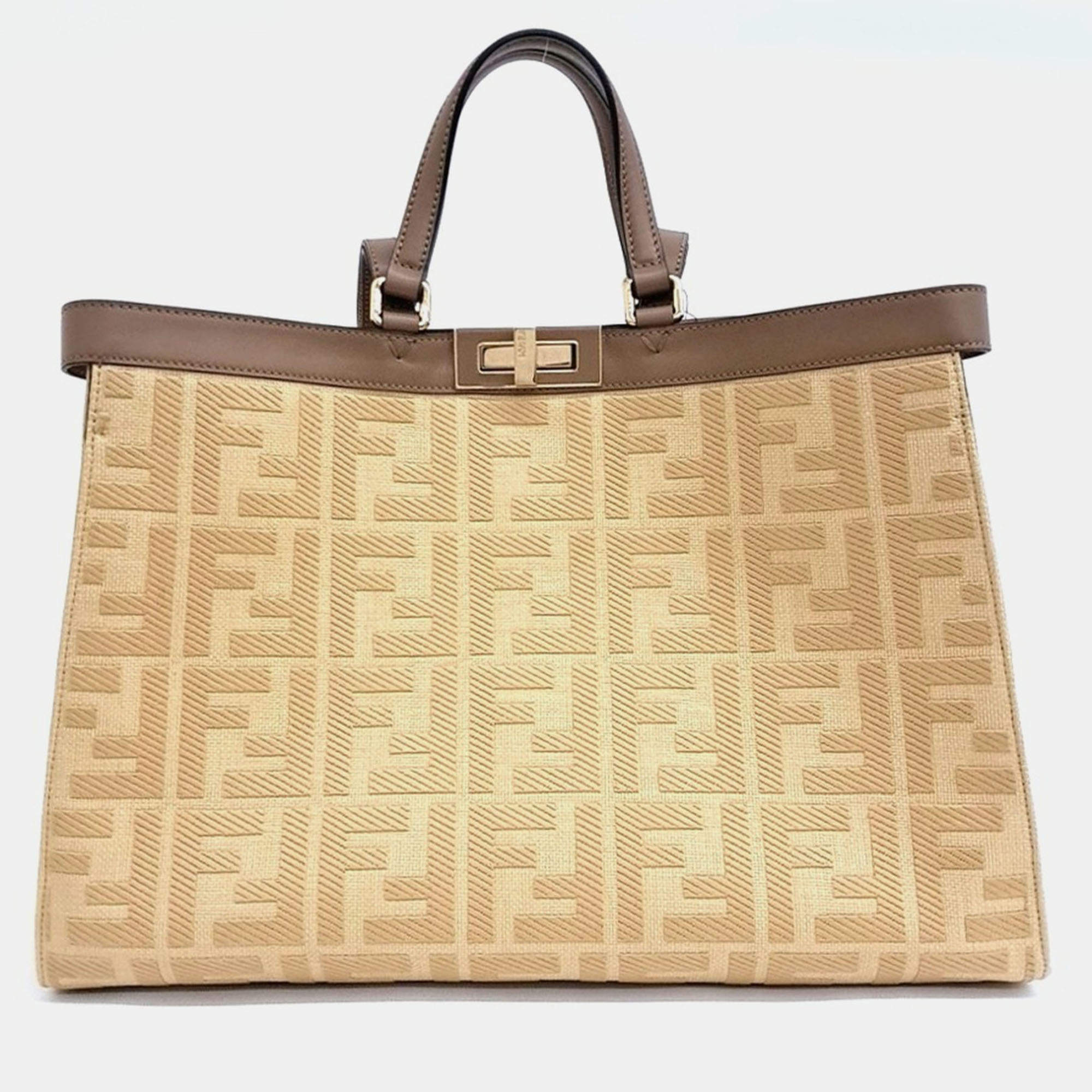 Pre Owned Fendi Beige Brown Fabric and Leather Peekaboo X Medium