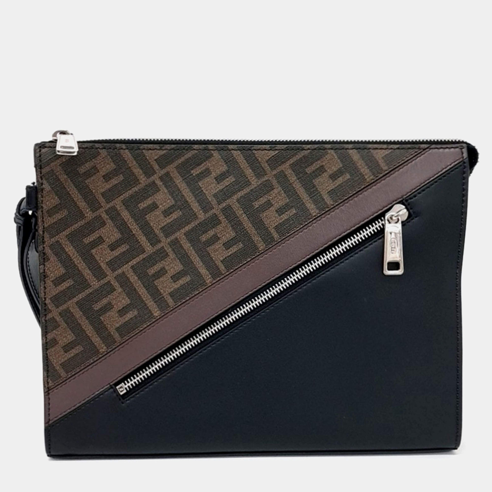 Pre Owned Fendi Black Brown Coated Canvas and Leather Clutch