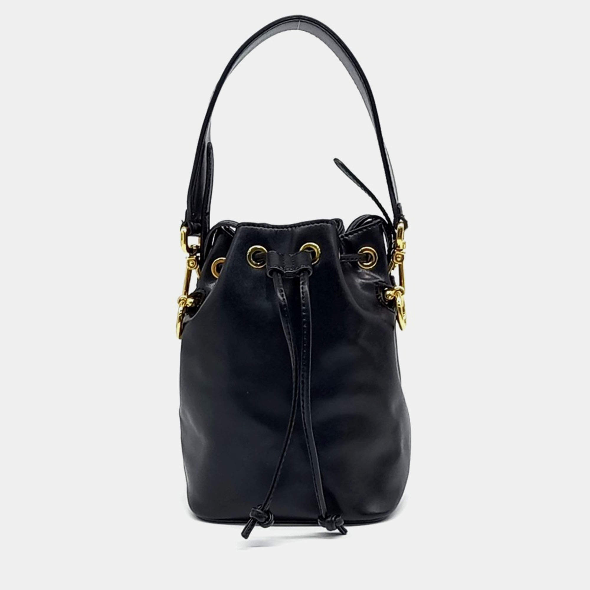 Pre Owned Fendi Black Leather Montrezo Bucket Bag Mini